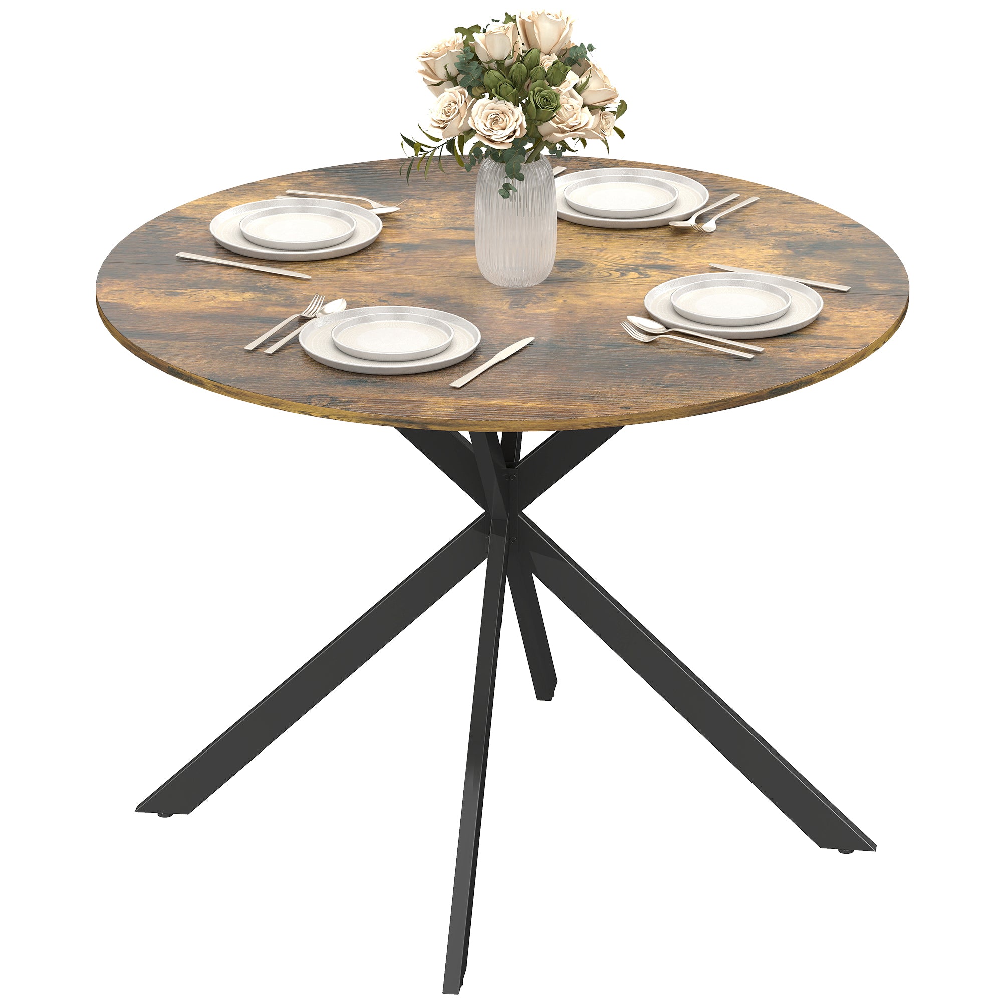 Round Dining Table for 4, ?100 cm Industrial Kitchen Table with Steel X-Legs, Rustic Brown