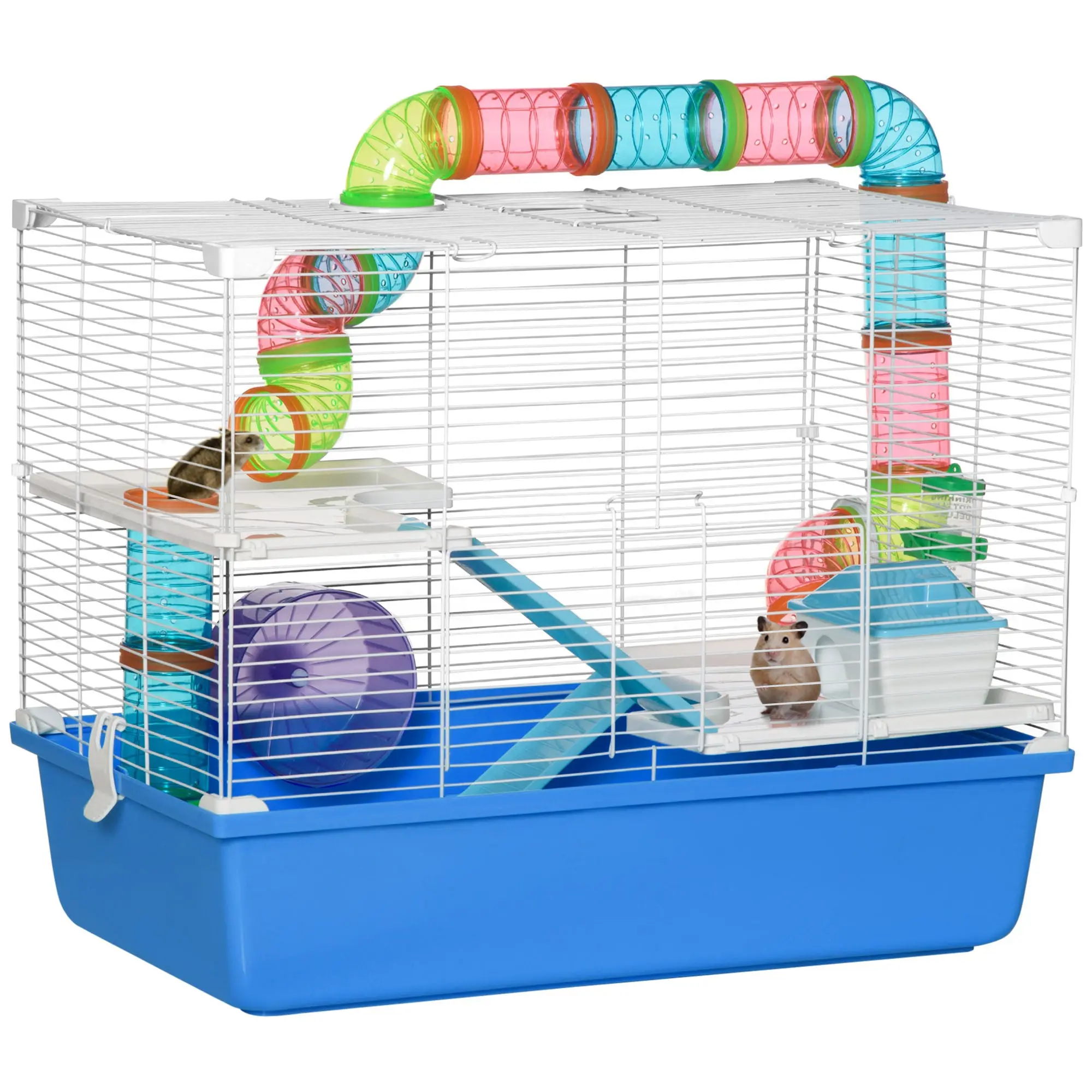 3-Level Hamster Cage, House for Small Hamsters with Tubes, House, Water Tank, and Hamster Wheel, 59x36x47 cm, Blue and White