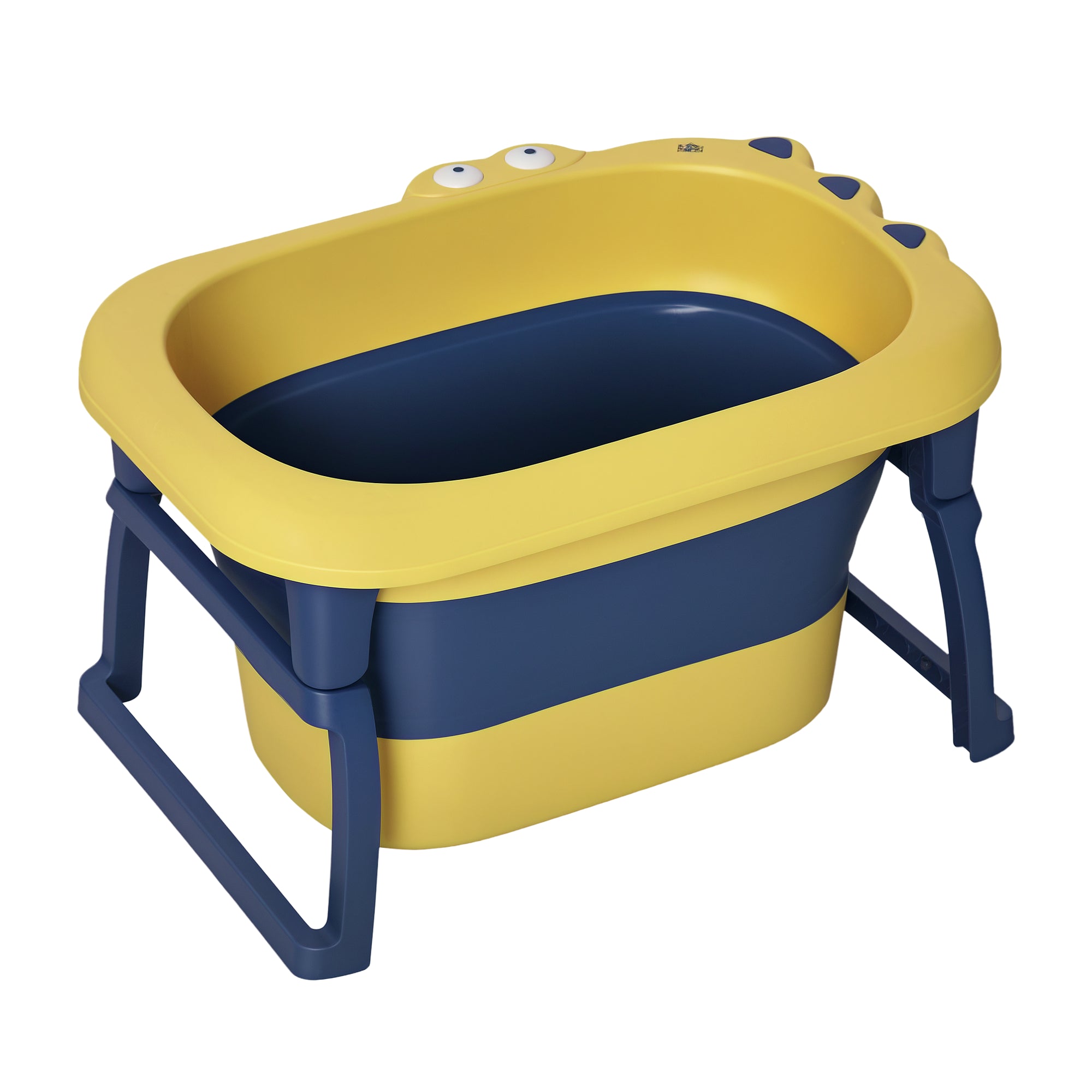 HOMCOM Klappbare Baby-Badewanne fir 0-6 Joer - Kapazitéit 105L - 75.3x55.4x43 cm - Portabel Kanner-Badewanne mat Rutschsécher Féiss an Drénkhuel - Laste 50 kg - Giel a Blo