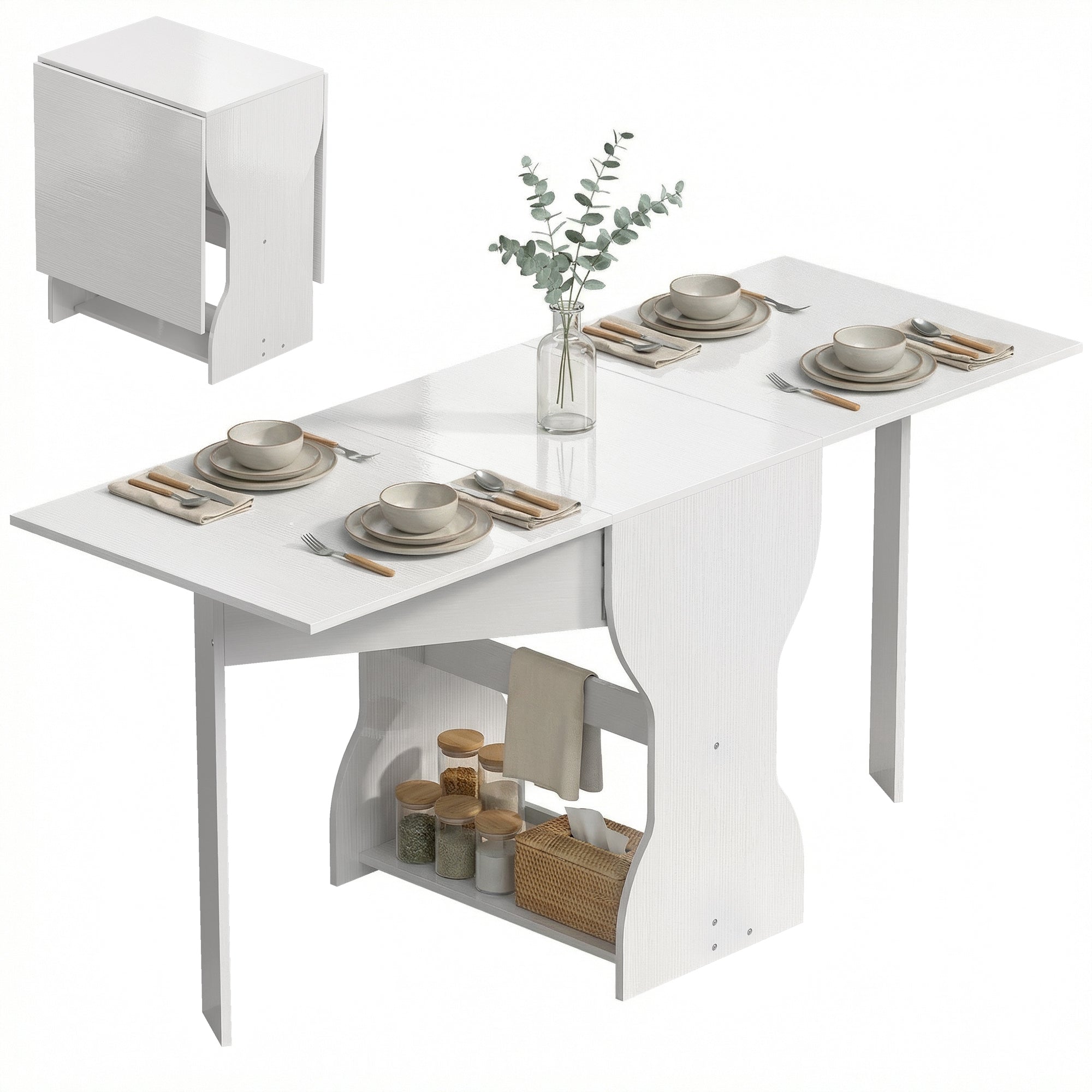 HOMCOM klappbarer Esstisch 160 cm — platzsparende Konsole mit Ablage für kleine Räume, moderner Tisch für 4 Personen, Weiß