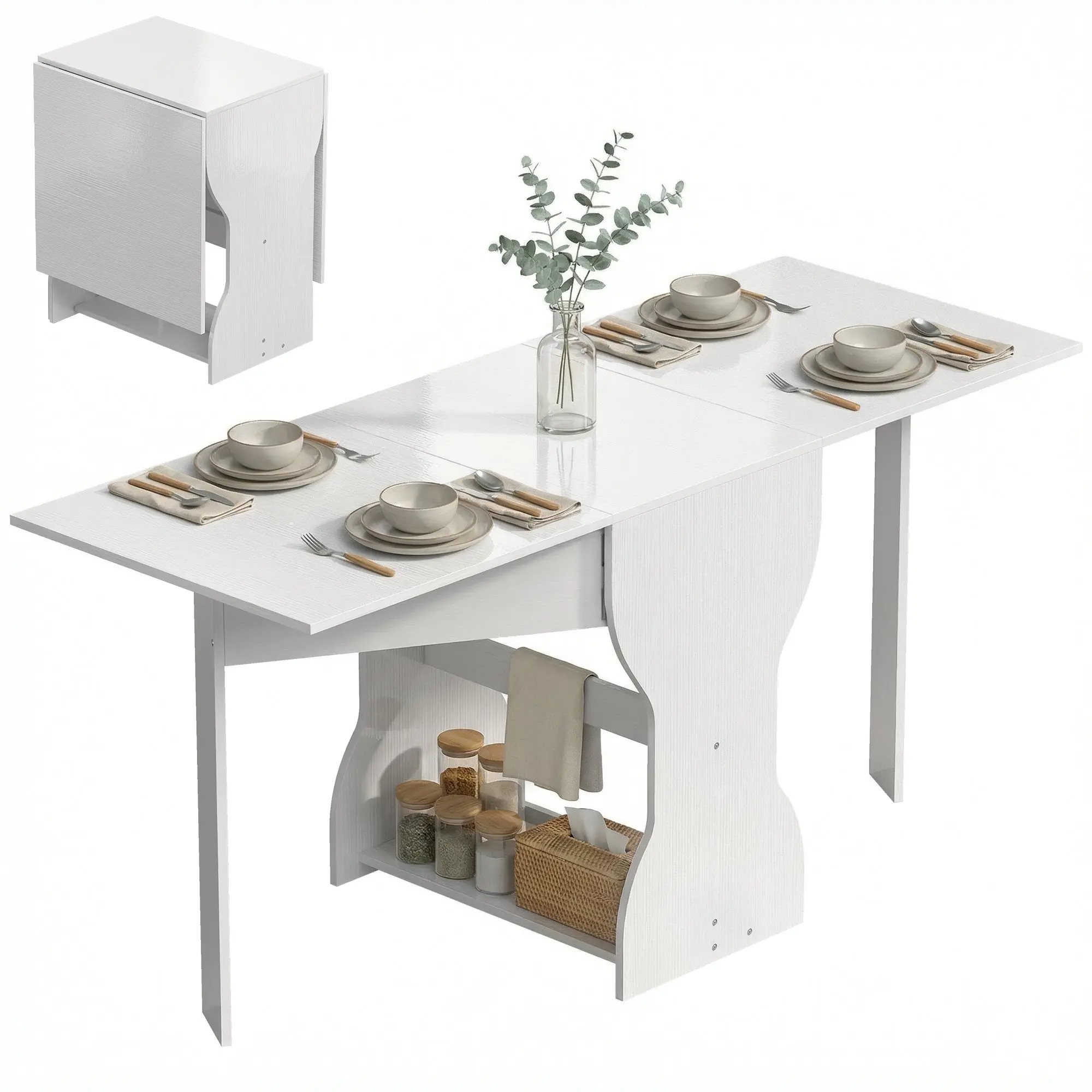 Folding Dining Table for 4, 63" Drop Leaf Extendable Dining Table with Storage Shelf, Space-Saving Kitchen Table for Small Spaces, White