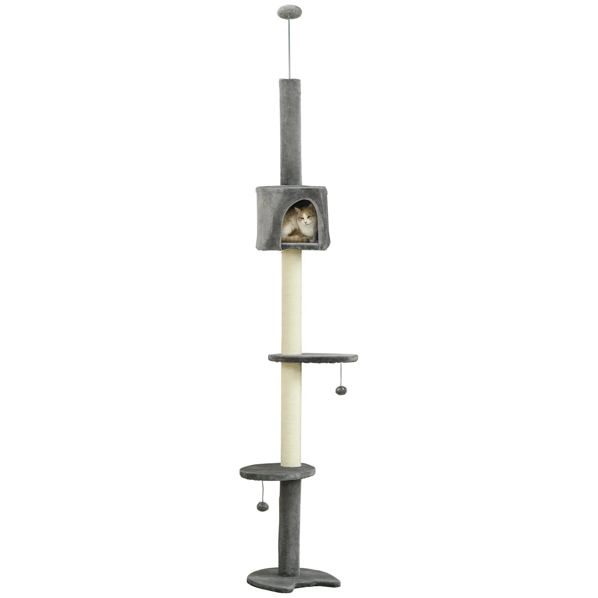 Cat Scratching Tree Scratcher to Fix to Ceiling Height 217 cm with Platforms Cave Sisal Posts Hanging Balls Light Gray