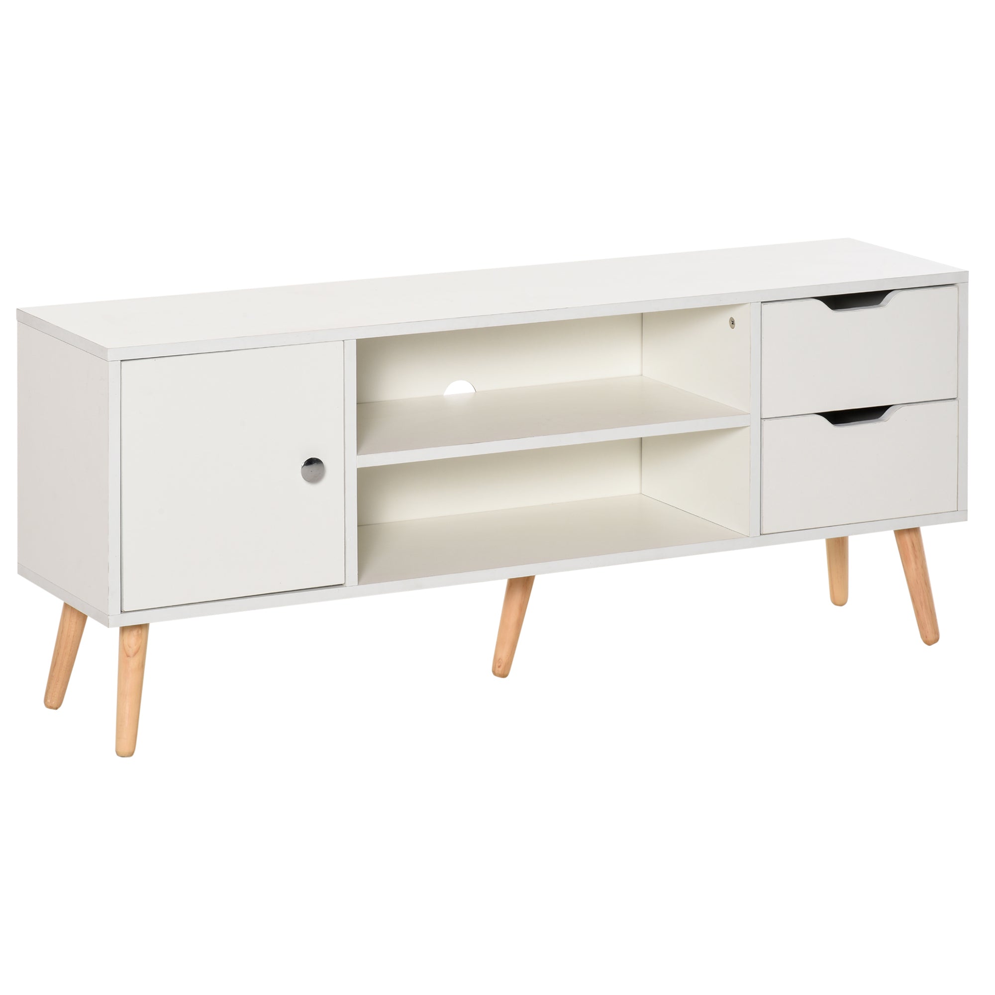 HOMCOM TV-Ständer für 50" Fernseher Moderner Wohnzimmertisch mit 2 offenen Regalen und 2 Schubladen Max. 30 kg für Schlafzimmer 120x28x44 cm Weiß