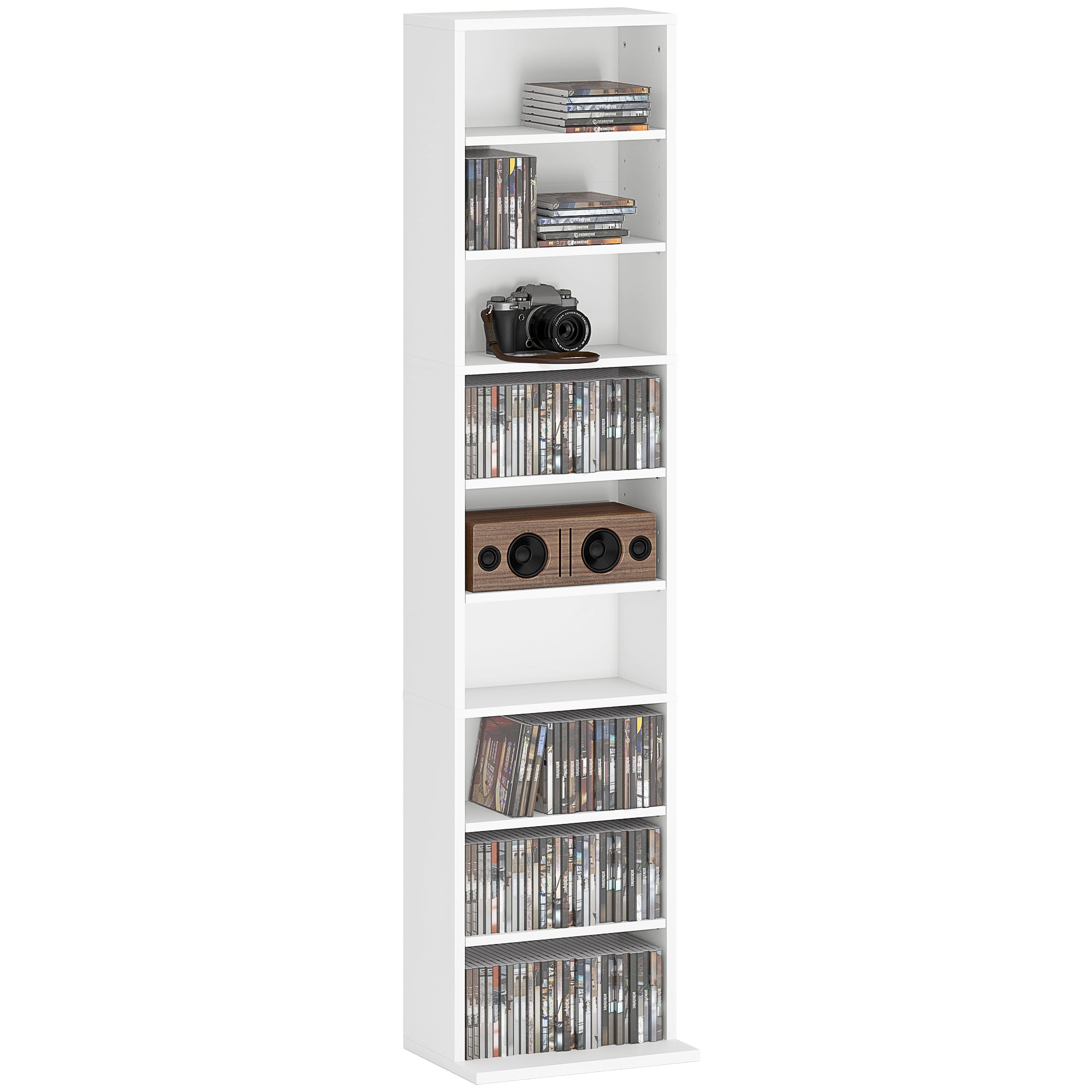 Ράφι CD και DVD HOMCOM με 9 Θήκες και Ρυθμιζόμενα Ράφια για Σαλόνι και Γραφείο 33x24x140 εκ. Λευκό
