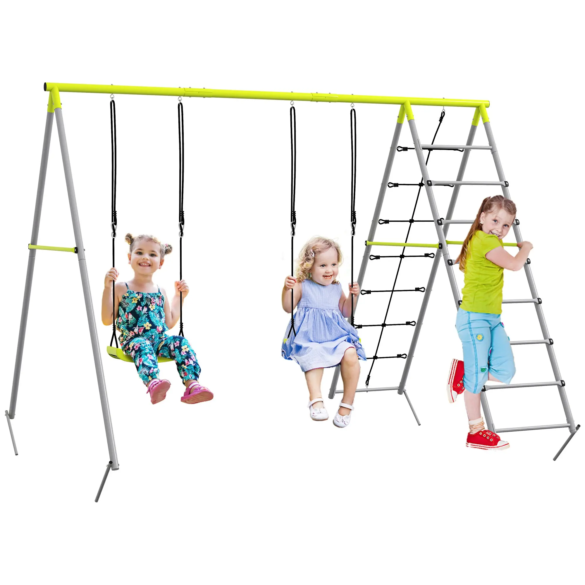Children's Swing Set Swing Frame made of Metal, Swing Structure with Double Swing, Climbing Net, Rung Ladder, Garden Swing for Children 3-8 years, Steel, Green