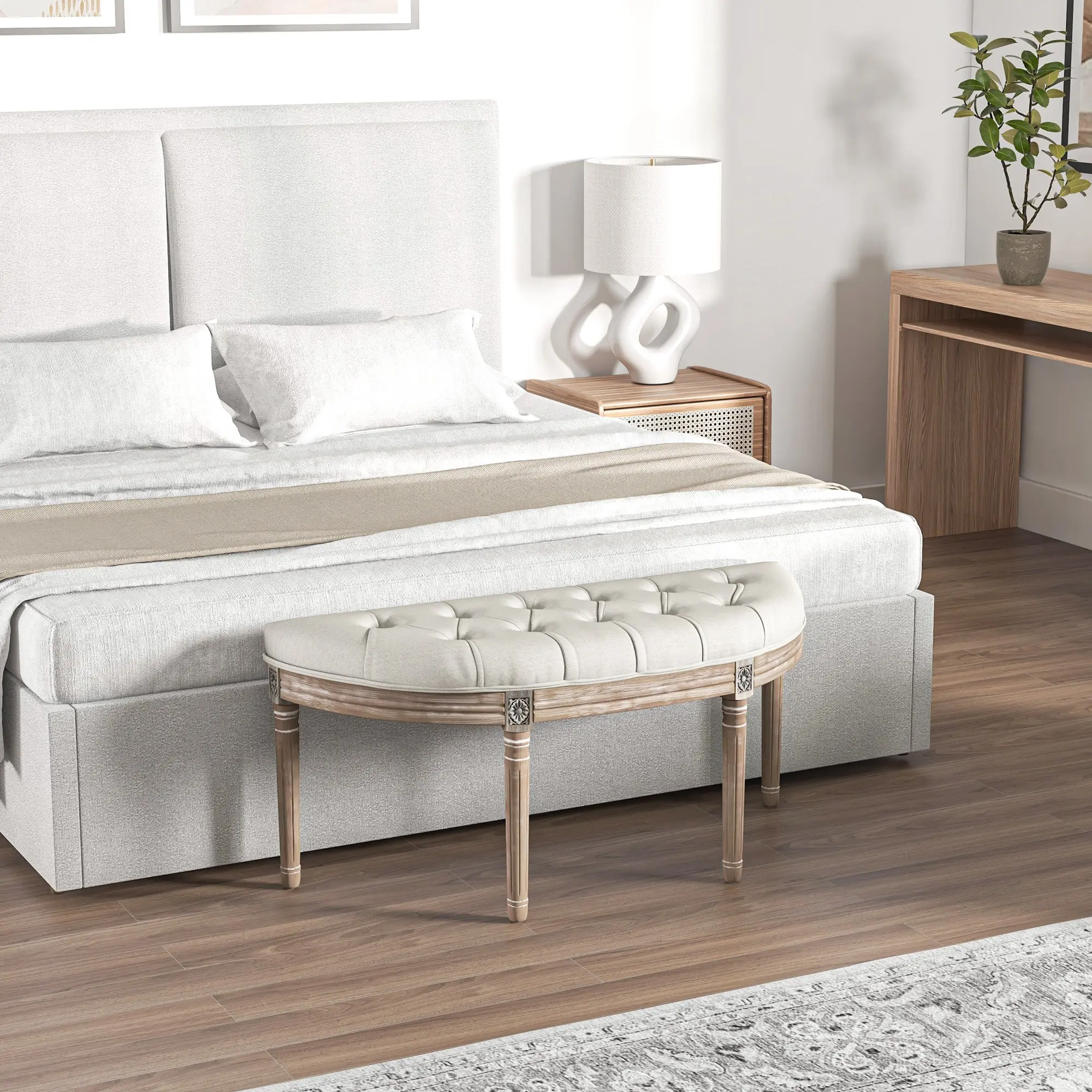 Half-Moon Upholstered End-of-Bed Entryway Bench, Button-Tufted Bench, Louis XVI Style, Solid Carved Wood Structure, Distressed Finish, Linen-Like Fabric Seat, Cream