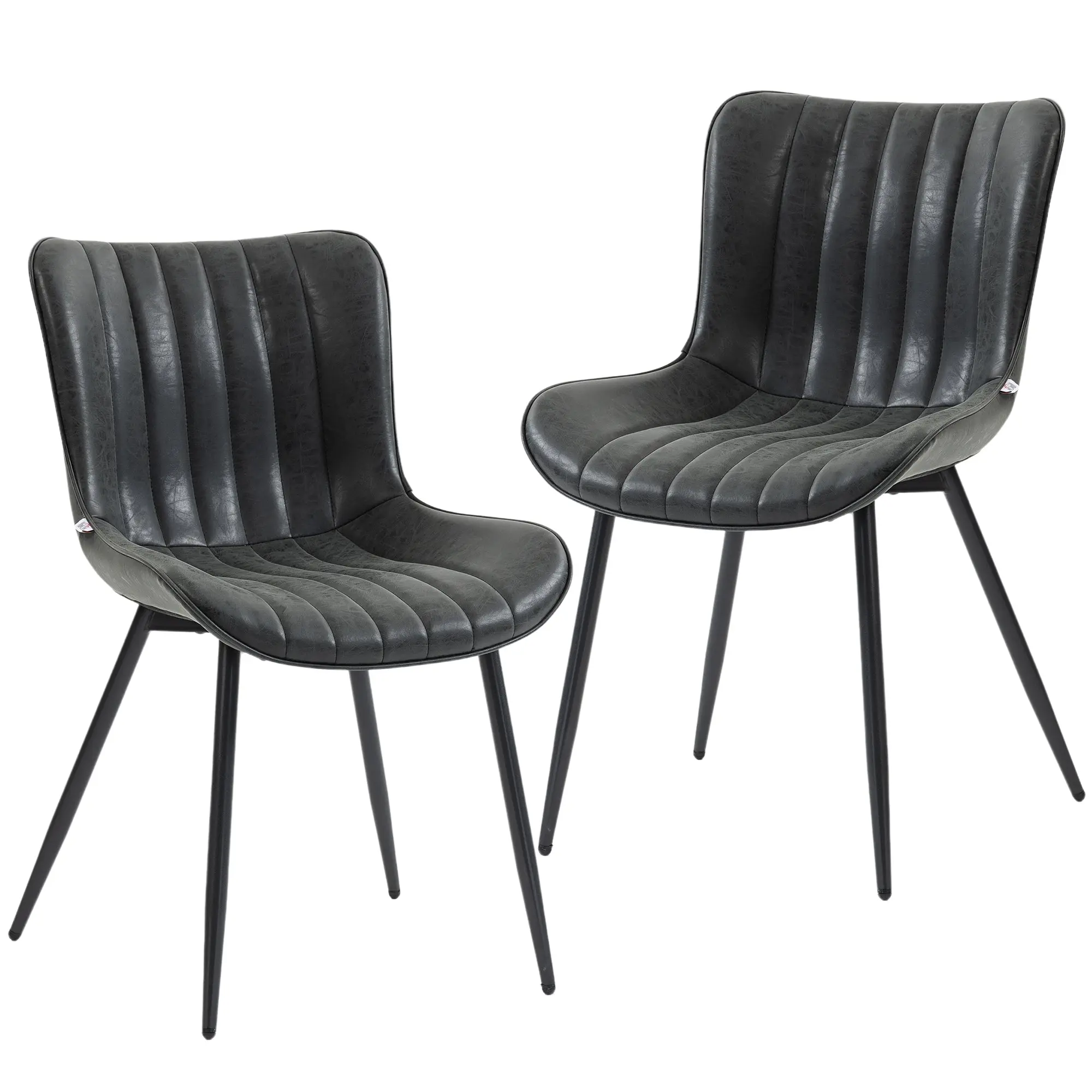 Set of 2 Dining Chairs — Modern Synthetic Upholstery with Tufted Design and Metal Legs, Black