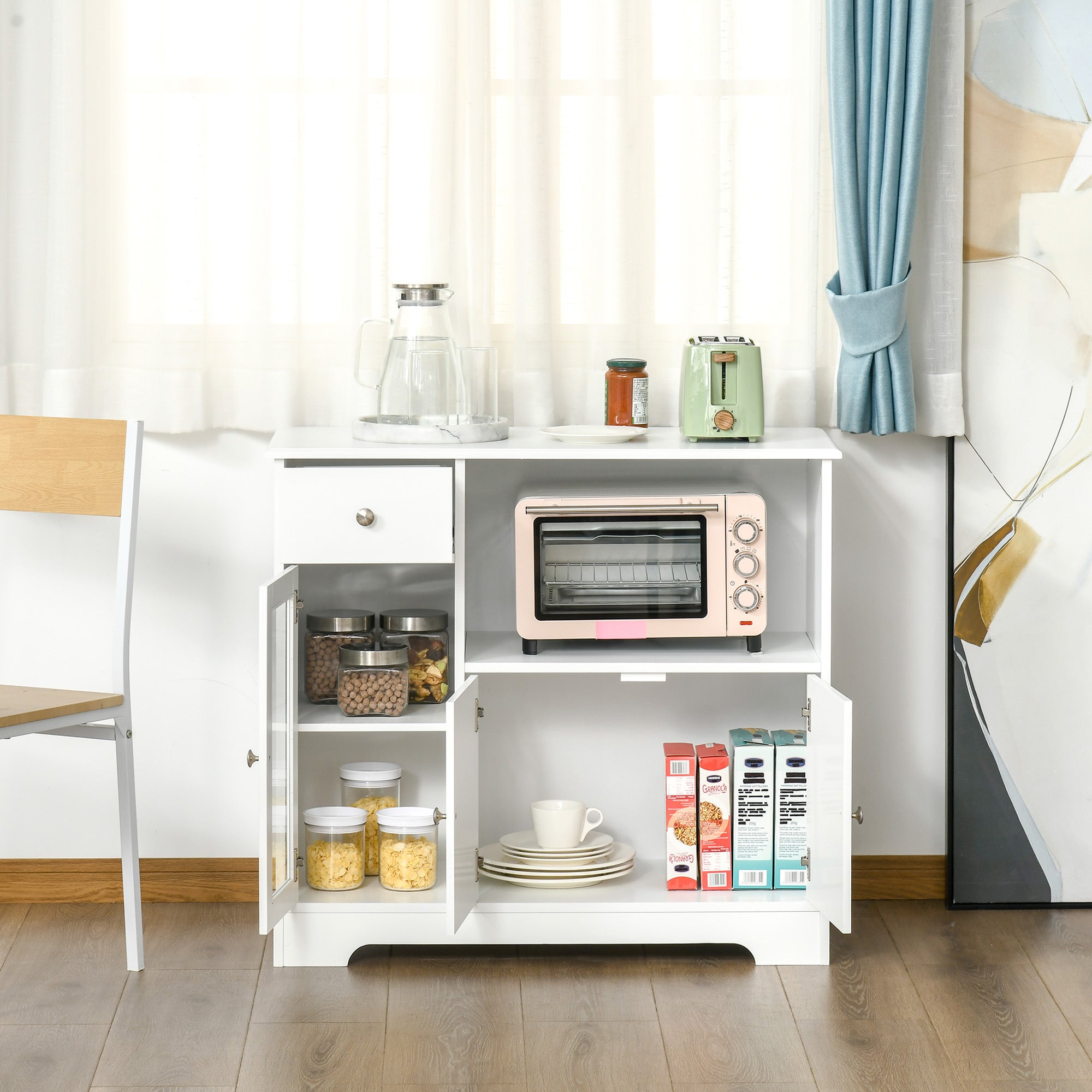 Microwave Cabinet, Kitchen Buffet, Storage Cabinet, for Kitchen, Dining Room 90 x 40 x 82 cm Tempered Glass and Wood, White