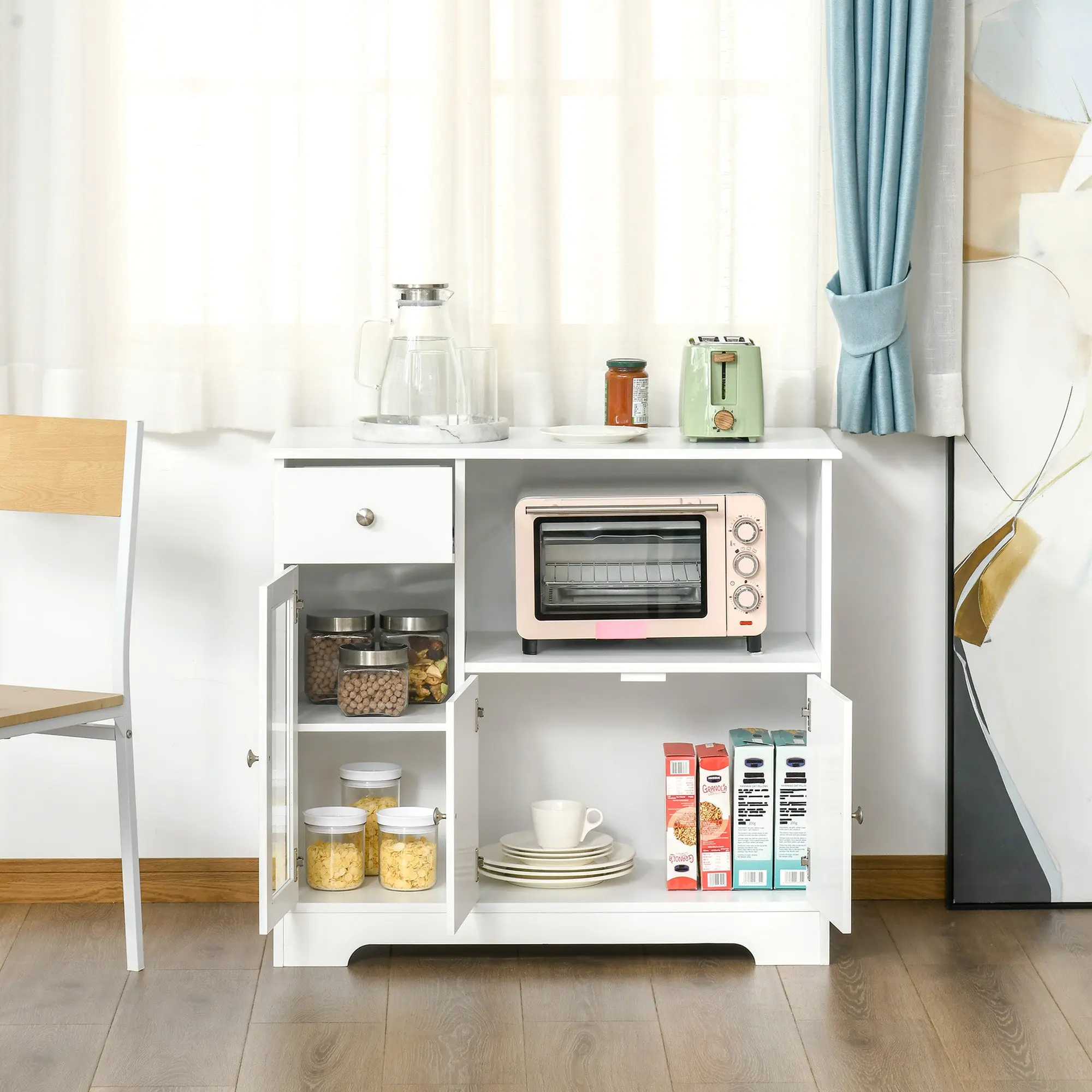 Microwave Cabinet, Kitchen Buffet, Storage Cabinet, for Kitchen, Dining Room 90 x 40 x 82 cm Tempered Glass and Wood, White