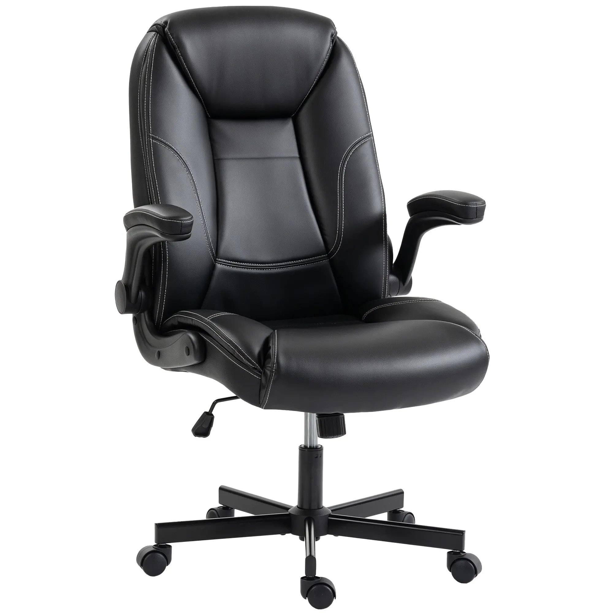 Ergonomic PU Office Chair – Flip-Up Arms, Zoned Back & Seat, Height Adjustable, Tilt & 360° Swivel, Black