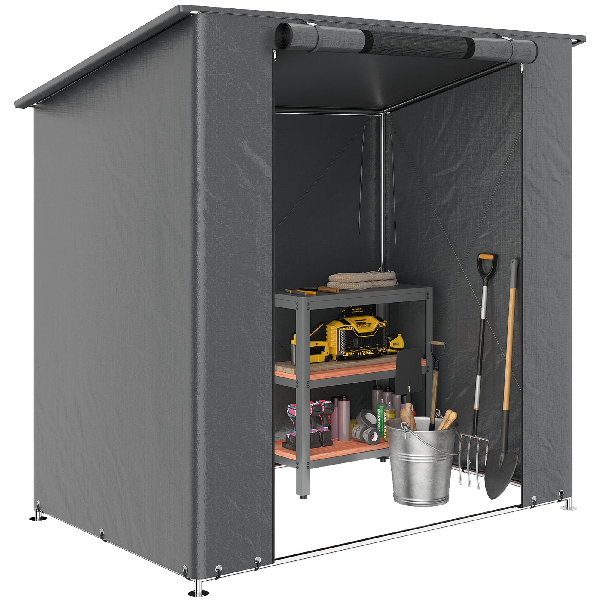 Outsunny nepremokavý záhradný úložný prístrešok 1,87 × 1,20 m – šikmá strecha, rolovacie zipsové dvere, ventilácia, vystužený kovový rám, odolný proti UV – tmavošedý