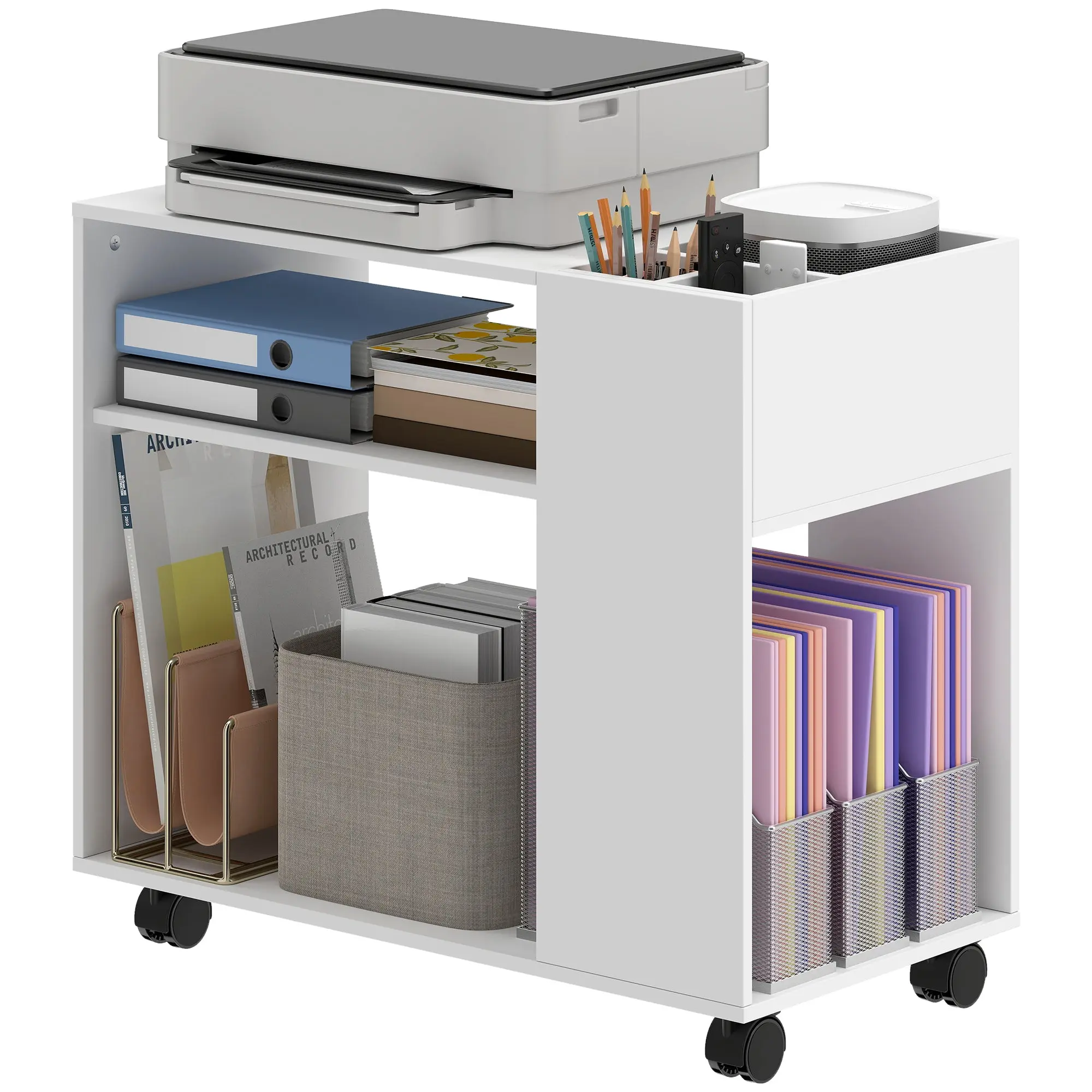 Rolling Printer Cabinet with Wheels, Top Compartments and Open Shelves for Office, Home or Study — 27.6 x 14.2 x 23.6 in (70 x 36 x 60 cm), White
