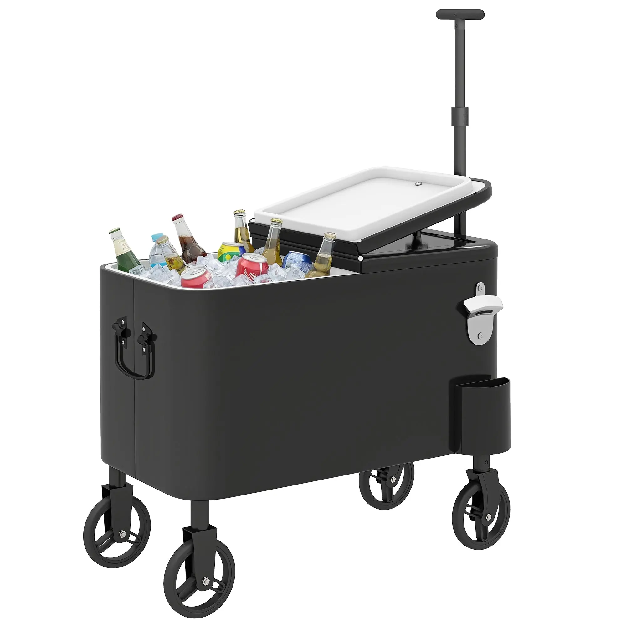 56 L Wheeled Cooler Cart with Adjustable Handle, Bottle Opener & Cap Catcher, Drain Plug — Outdoor Patio/BBQ Beverage Cart, 29.5" x 13.8" x 47.2" (75 x 35 x 120 cm), Black