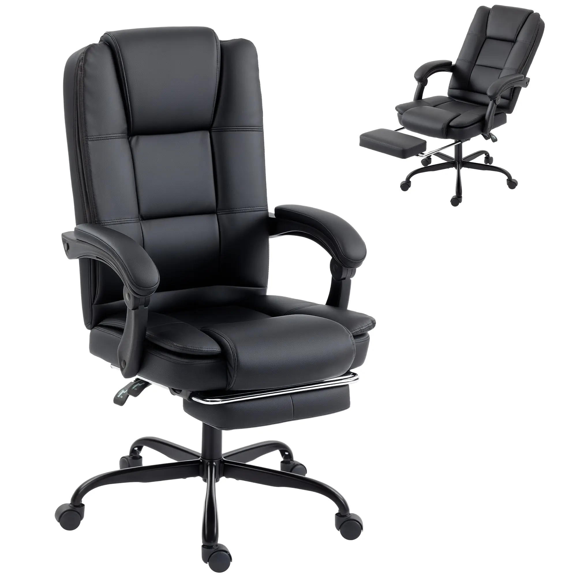 Ergonomic Office Chair, Reclining PU Desk Chair with Retractable Footrest, Height Adjustable, High Back, Thick Cushion, Linked Armrests, 360° Swivel, Black