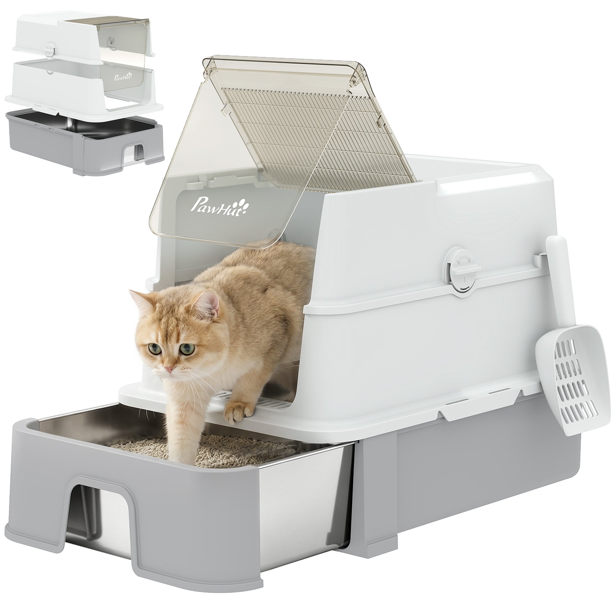 XL Stainless Steel Closed Cat Litter Box, 3-in-1, 68 L (≈18 gal) — Removable Tray, Scoop, High Walls, Leak & Odor Resistant, Gray