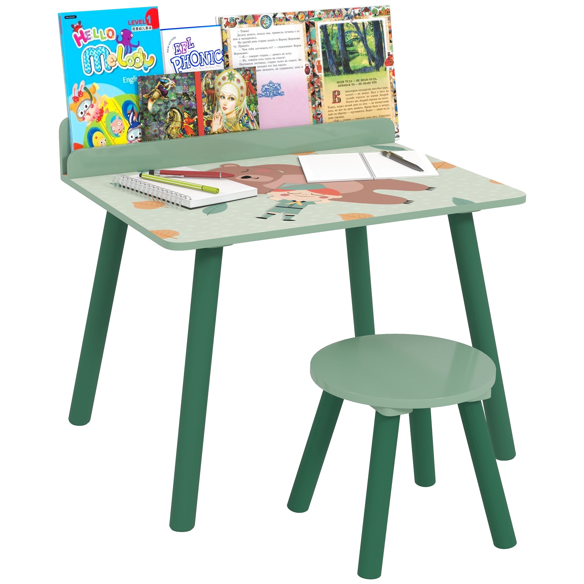 AIYAPLAY 2-teil Children's Table an Stull Set - Kannerstull mat Regal Desk fir Kanner 3+ Joer fir Spillsall Gréng