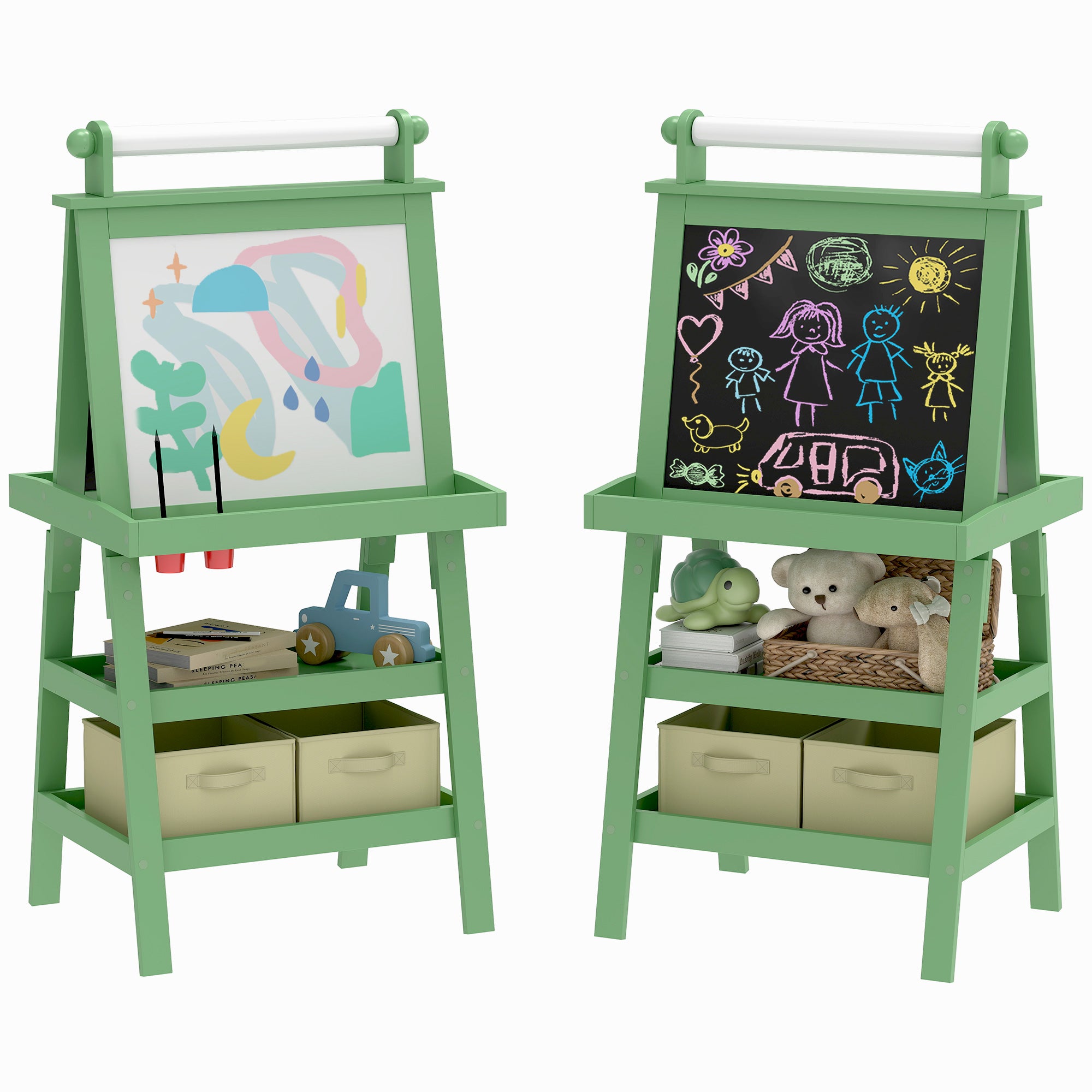AIYPLAY Børnetavle 3 i 1 Magnetisk Dobbelt Sidet Børnetavle Maletavle med Papirrulle og Opbevaringskurve 59x48x118 cm Grøn