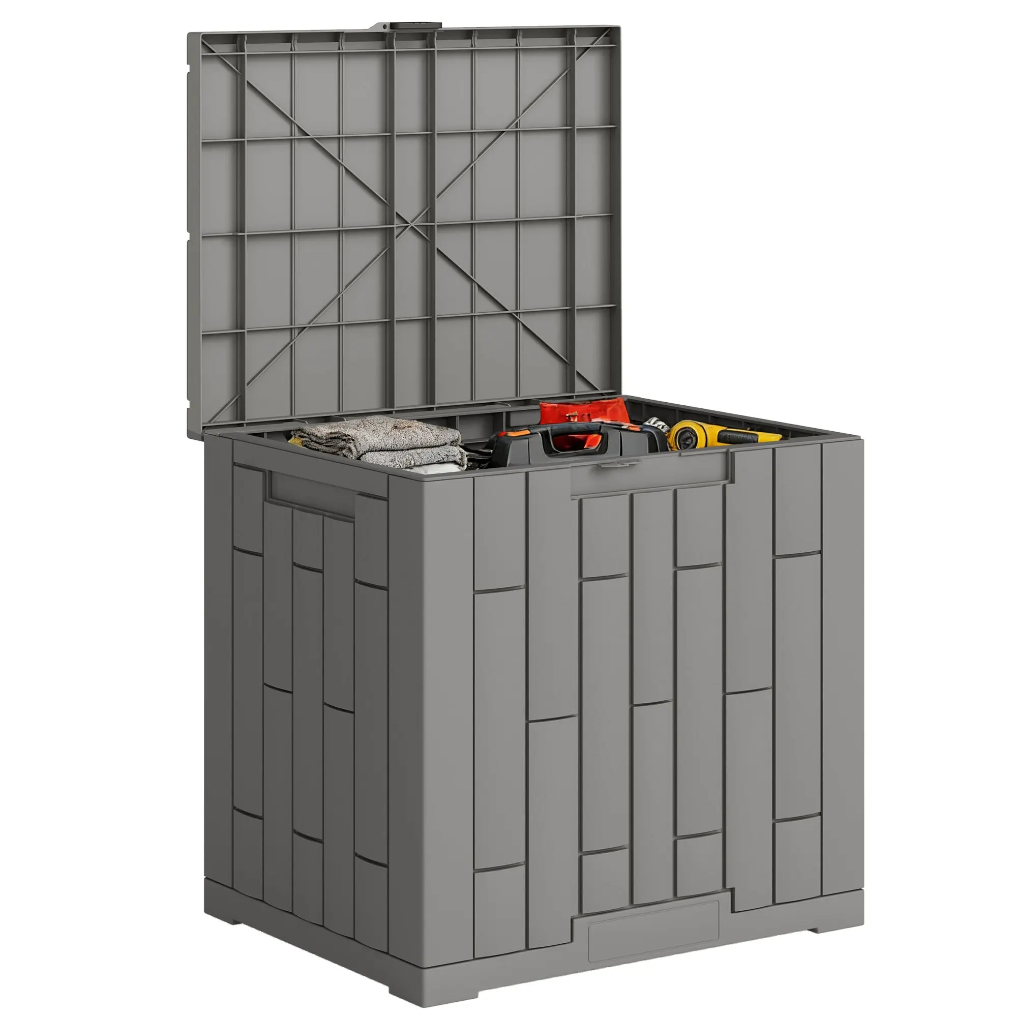 114 L (30.1 gal) Outdoor Resin Storage Chest — Water- & UV-Resistant, Lockable, Wood-Effect, 22 x 17.3 x 21.3 in, Gray