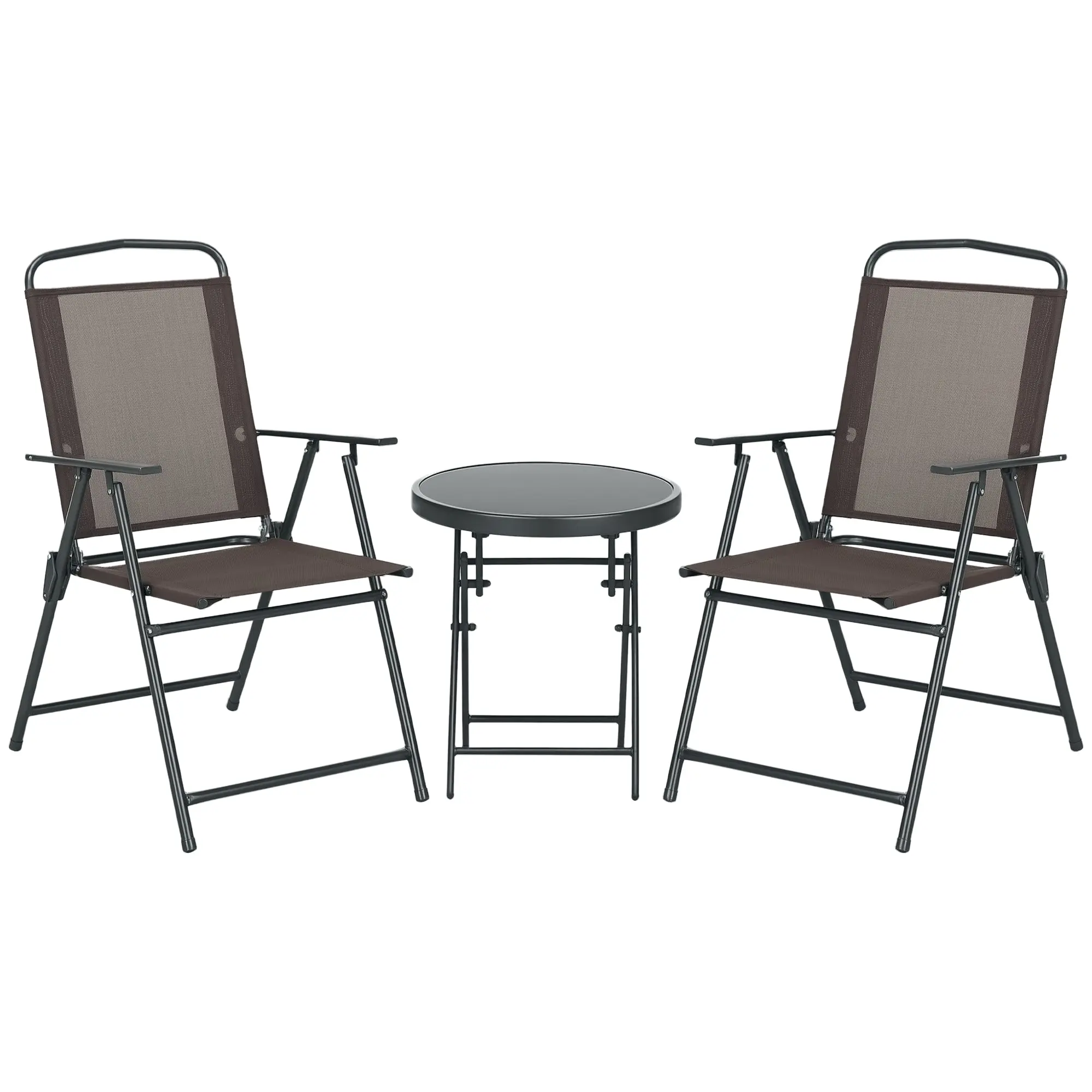 3-Piece Metal Bistro Set Weatherproof Garden Furniture Set with Folding Glass Table Garden Chairs Outdoor Balcony Furniture Set Seating Group Balcony Set Garden Furniture Brown