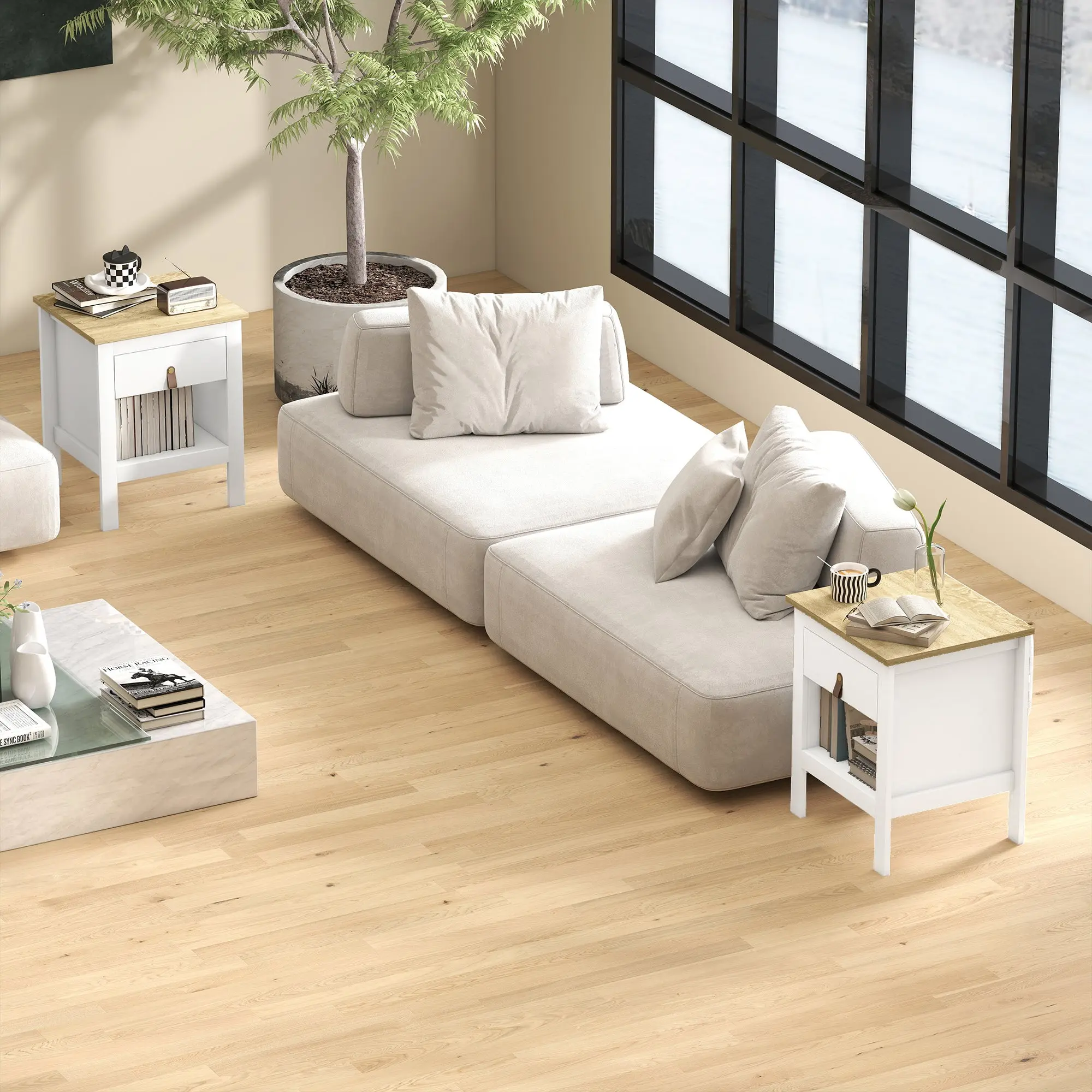 Set of 2 Bedside Tables Nightstand with Drawer and Open Compartment, Modern Style for Bedroom, Living Room, 45 x 40 x 55 cm, White