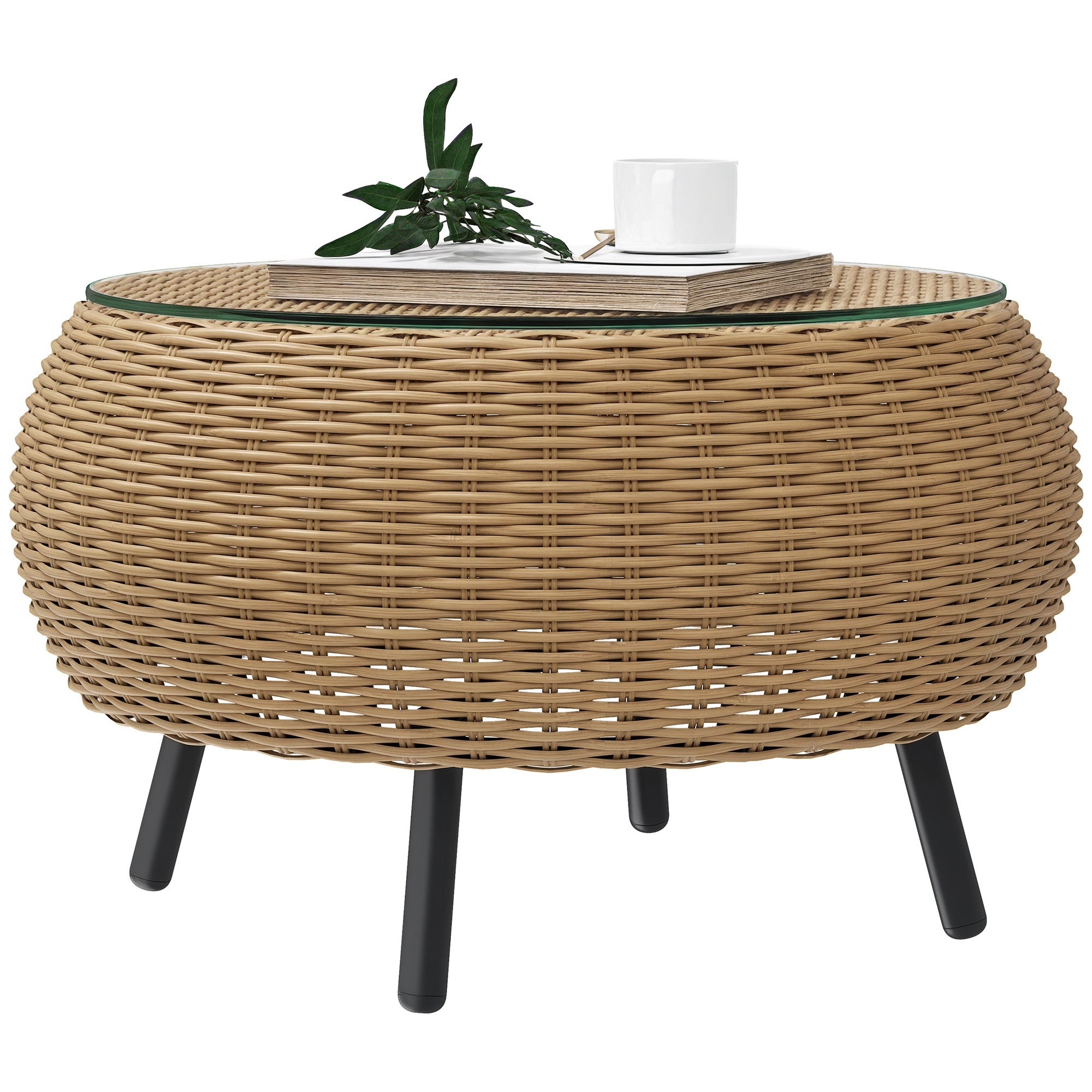 Poly Rattan Side Table Round Coffee Table with Glass Table Top Balcony Table Garden Table Side Table Tea Table Rattan Table for Garden Terrace Balcony, ?75 x 42 cm Brown