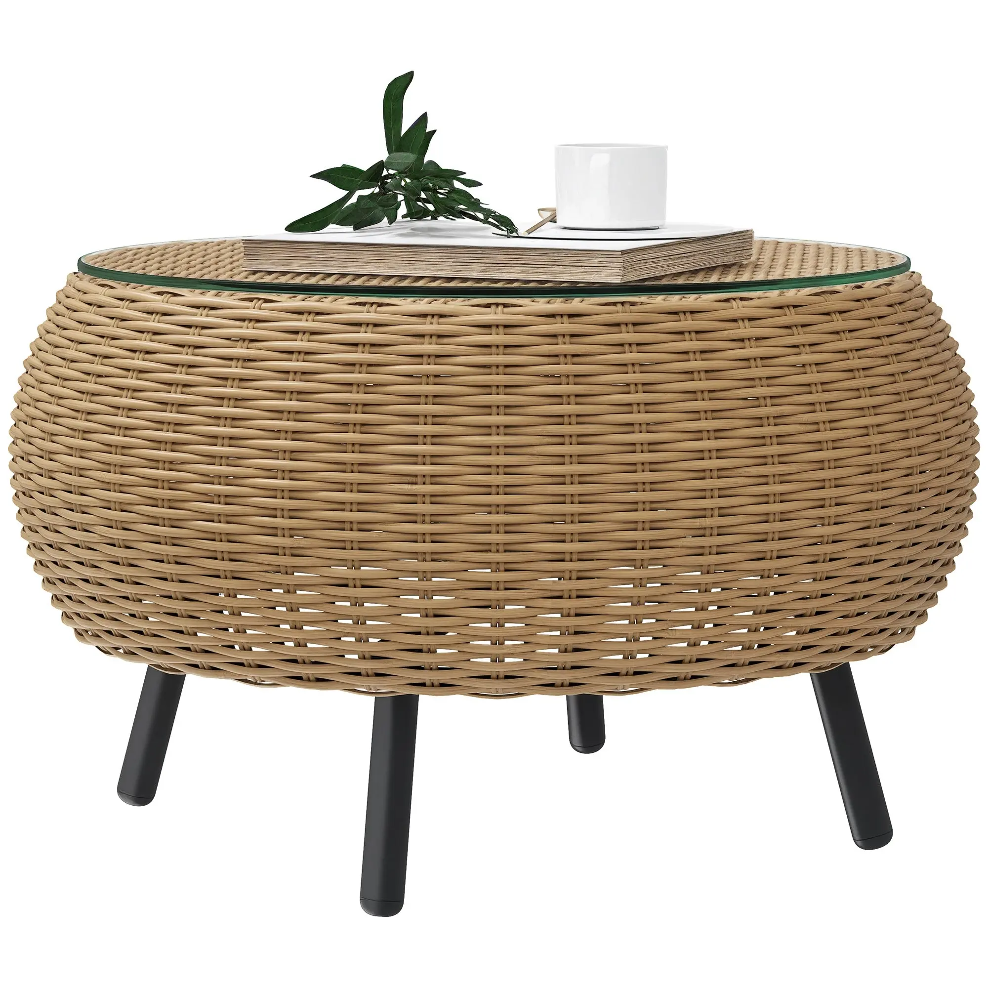 Poly Rattan Side Table Round Coffee Table with Glass Table Top Balcony Table Garden Table Side Table Tea Table Rattan Table for Garden Terrace Balcony, ?75 x 42 cm Brown