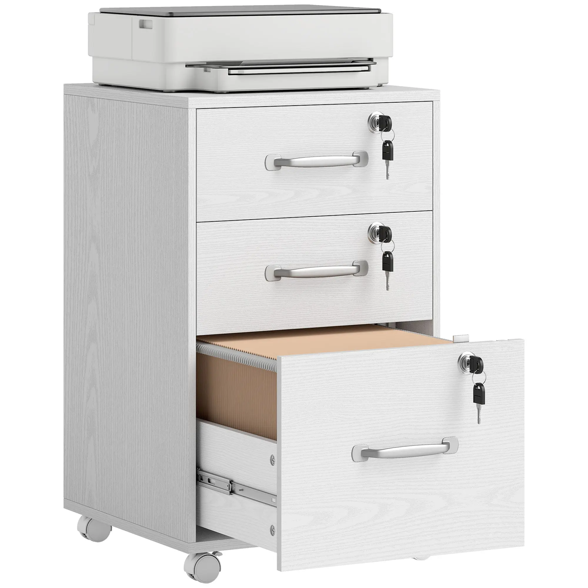 Mobile Office Pedestal with 3 Lockable Drawers – Rolling File Cabinet for A4 & Letter Hanging Files, Printer Stand, White