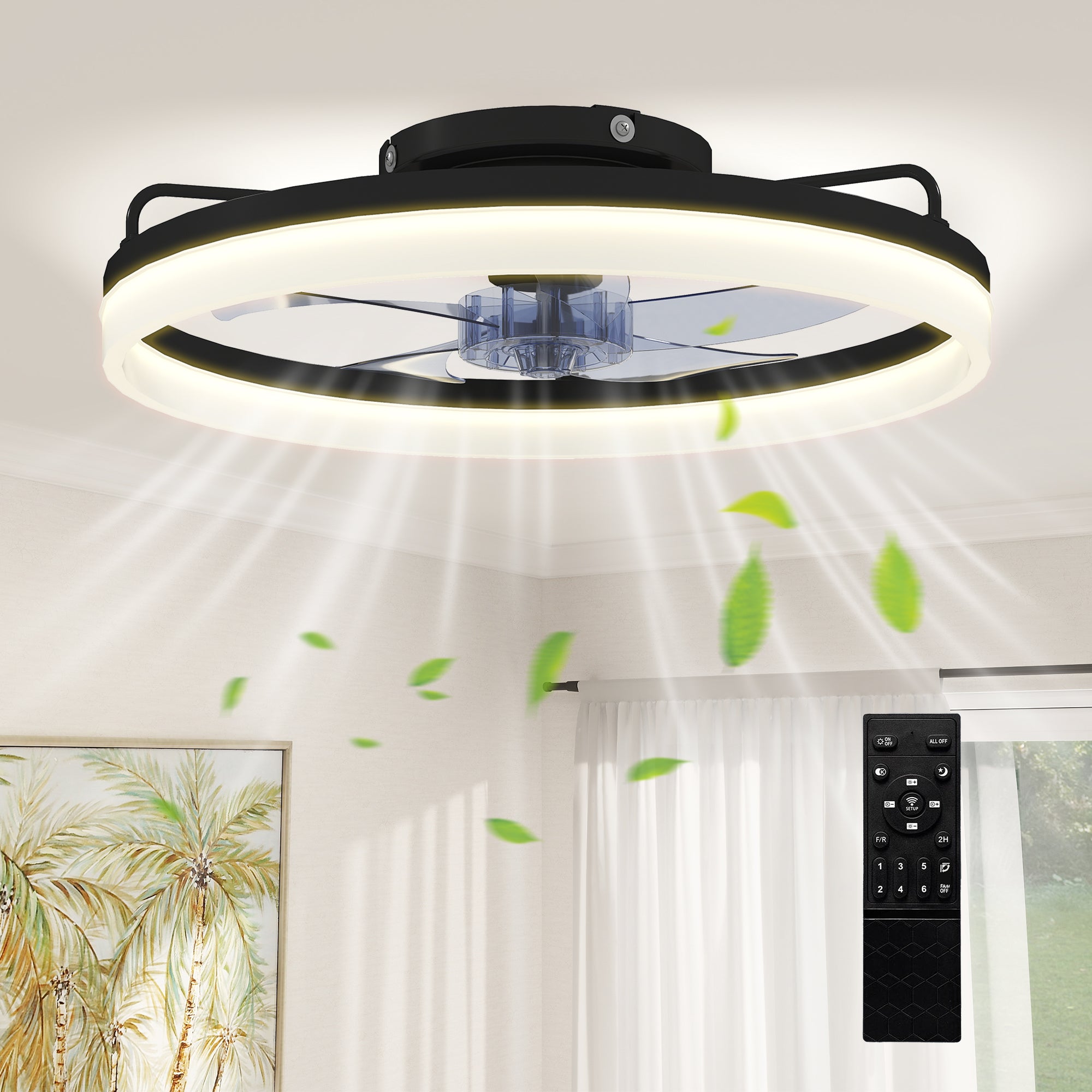 HOMCOM LED-Deckenventilator mat Liicht 40 W, reversiblen DC-Motor, roueg, Fernbedienung, 6 Geschwindegkeeten, 3 Liichttemperaturen, Timer — fir Wunnzëmmer, Ø50 cm, Schwaarz