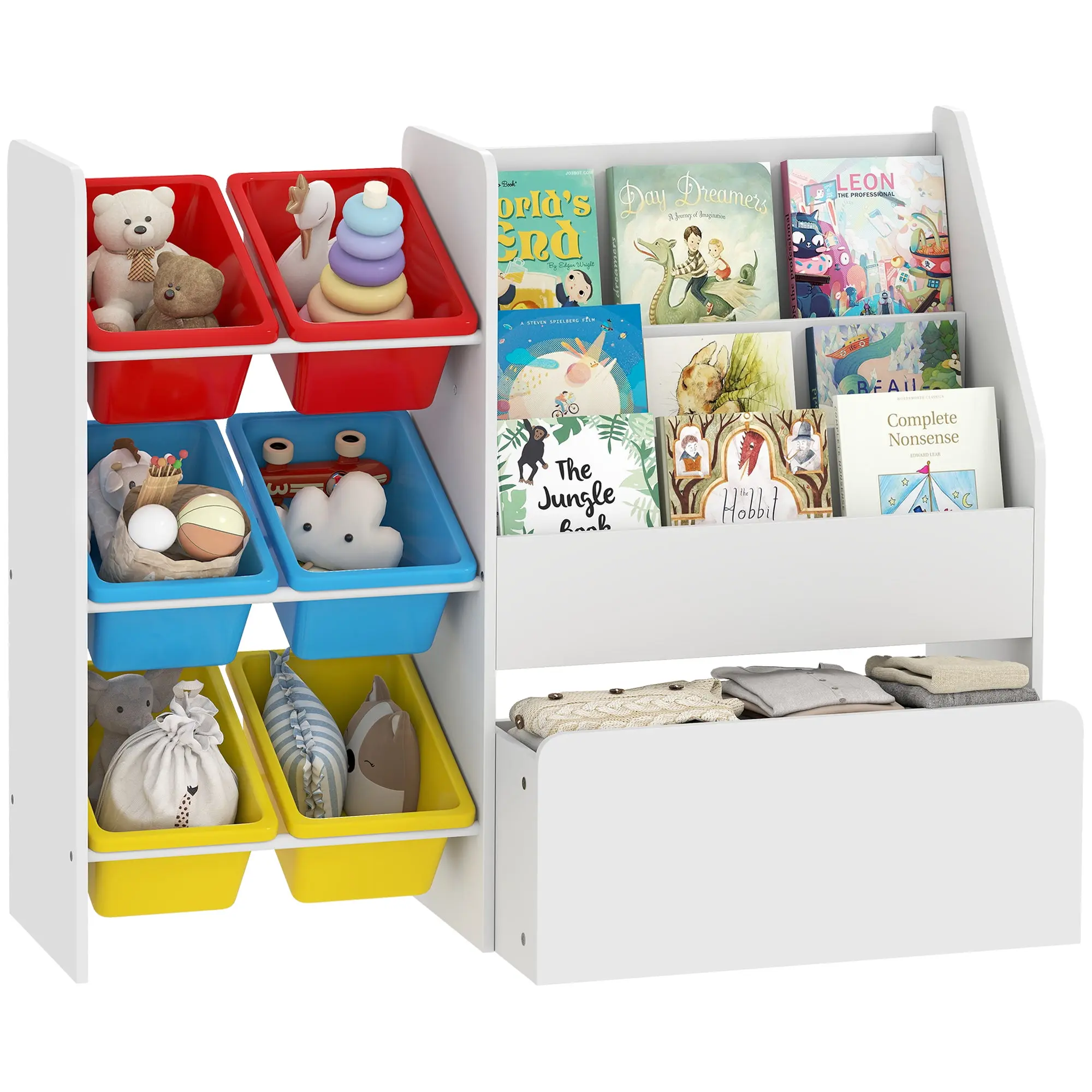 Kids Storage Organizer — 6 Removable Bins, Large Rolling Toy Chest & 3-Tier Bookcase, Multicolor