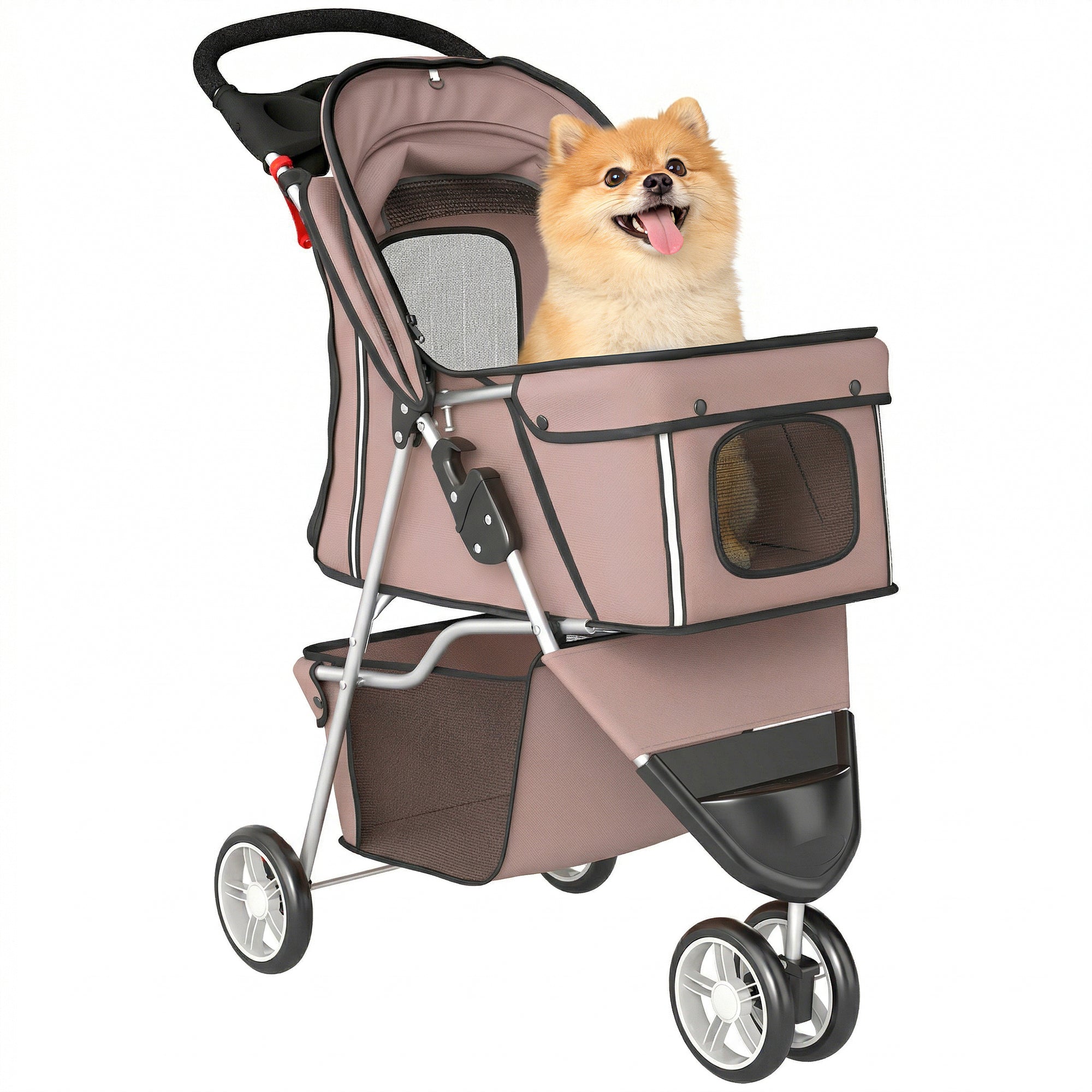 PawHut zousamendréckbaren Haustier-Kinderwagen fir kleng Hënn mat Stauraumkëscht, Netzwänn & Becherhalter — Max. 10 kg, 77 x 44 x 102 cm, Brong
