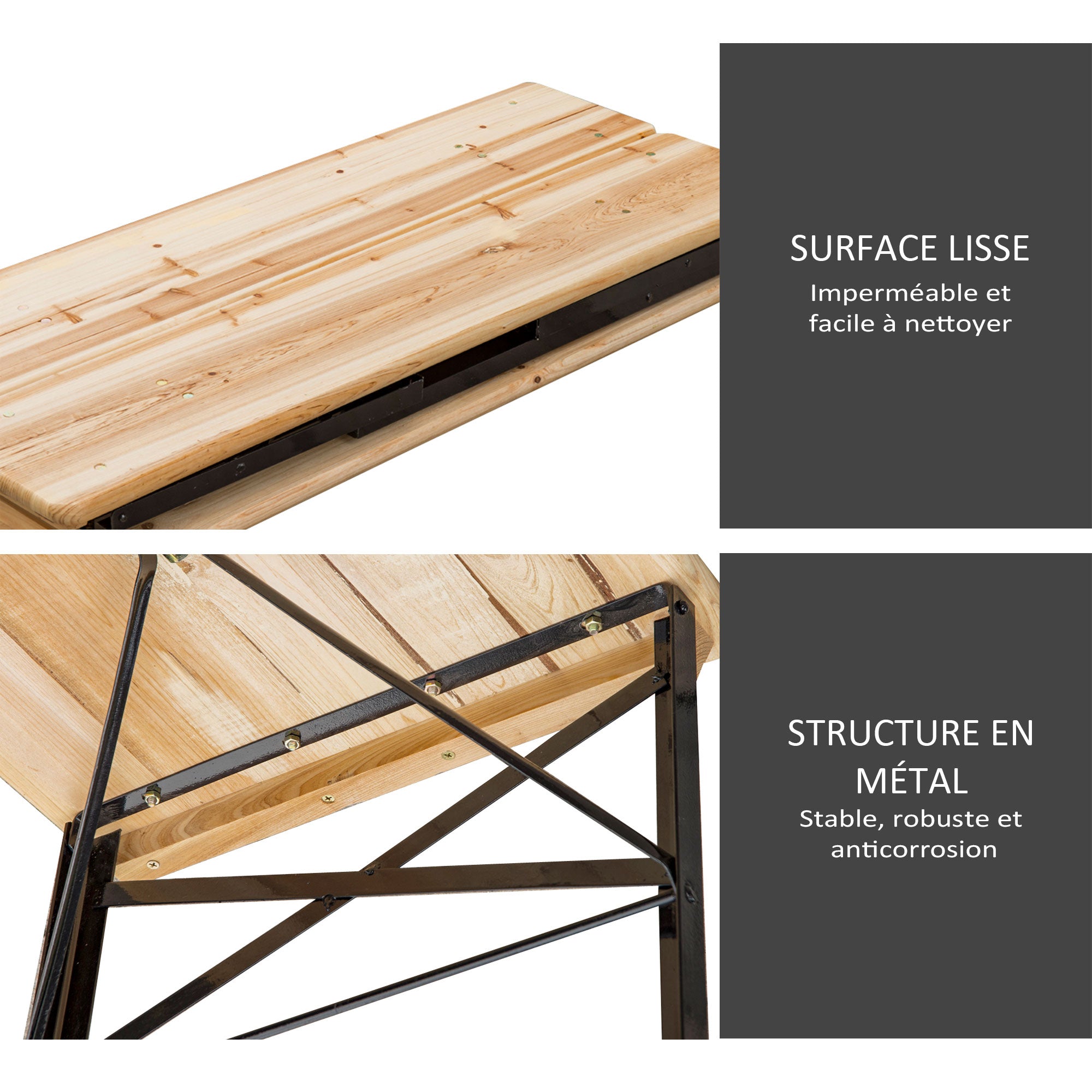 Table de Camping Pliable Portable Outsunny + 2 Bancs Pliants en Métal Époxy Noir et Bois de Sapin Massif