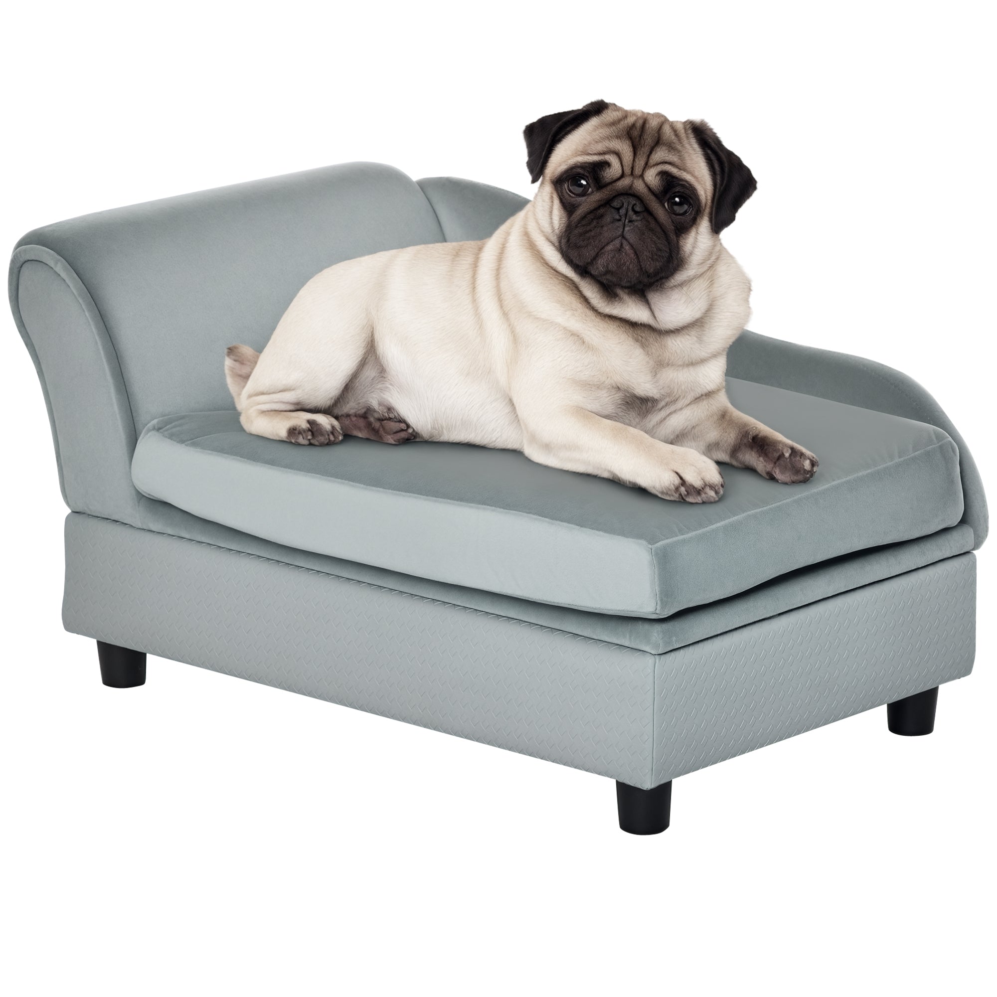 Canapé pour Animaux PawHut avec Tapis, Lit pour Chien, Matelas pour Chien, Canapé pour Chien avec Espace de Rangement, Bois Naturel+Plush, Gris Clair, 76 x 45 x 43 cm