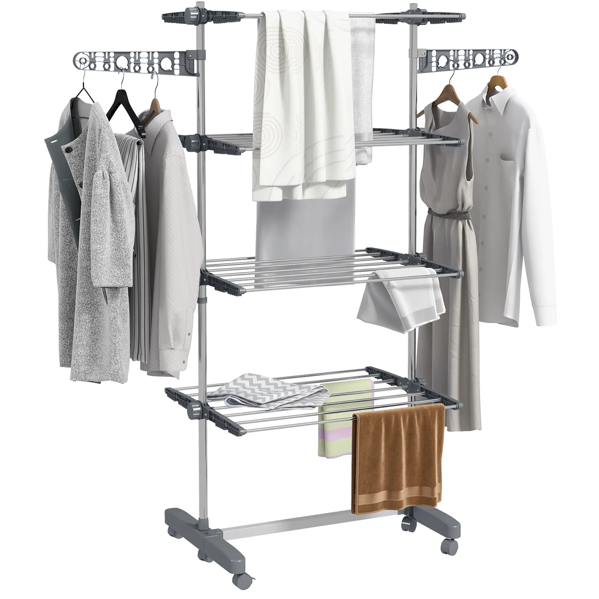 Clothes Rack Tower Clothes Dryer with 4 Levels, Folding Wings, Wheels, Tower Clothes Dryer for Indoor and Outdoor Use, 142 x 55 x 172 cm, Gray