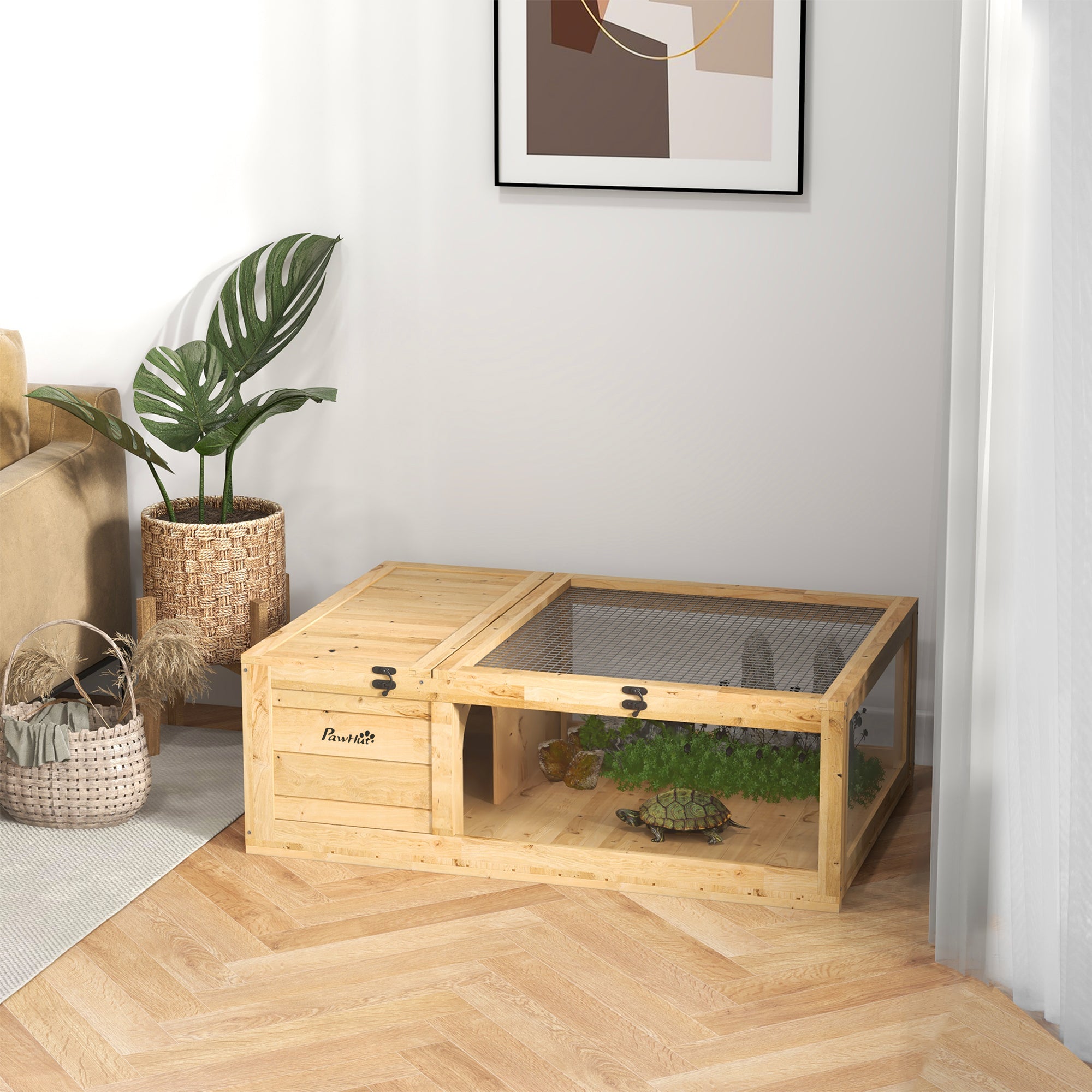 Enclos Habitat PawHut pour Tortues de Petite Taille avec 2 Espaces 91 x 60,5 x 32 cm Bois Massif Jaune Clair