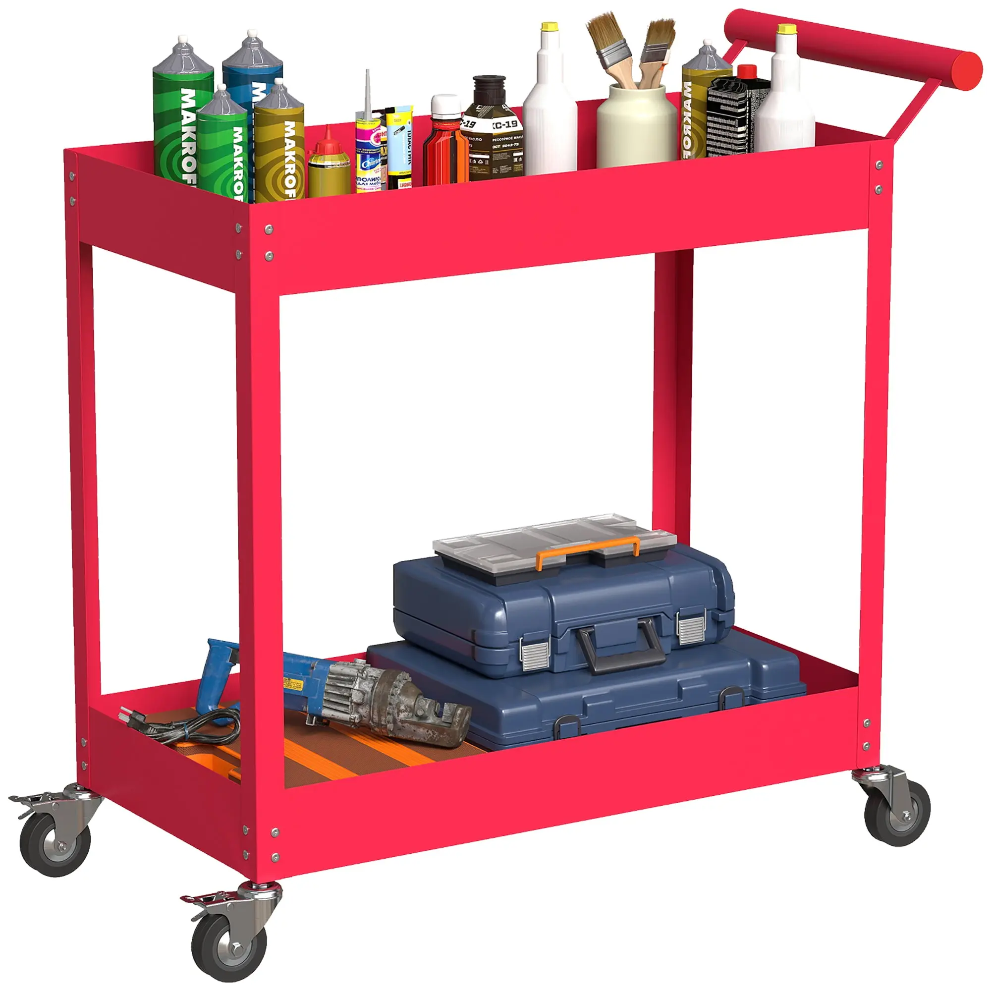 2-Tier Workshop Tool Cart with Side Handle & Locking Wheels, Steel, 330 lb Capacity, 33.3 x 15.0 x 33.1 in, Red