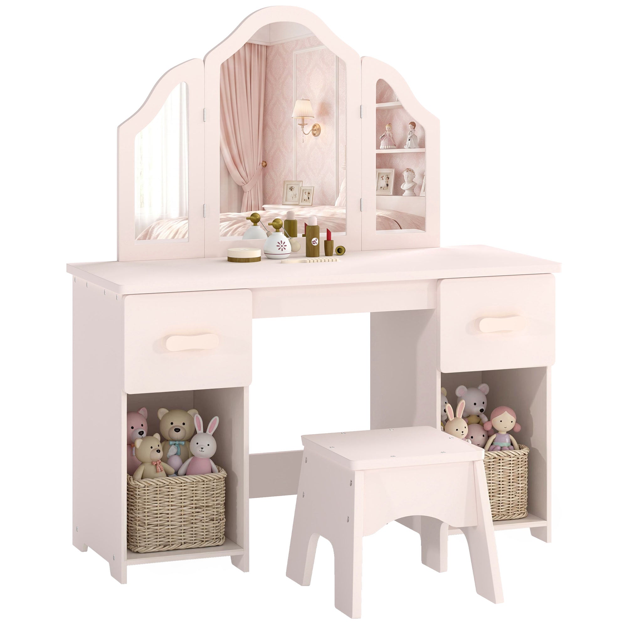 Kids Vanity with Stool and Three-Panel Acrylic Mirror, Makeup Table with 2 Drawers & 2 Cabinets, 7 Accessories — Pink, Ages 3+