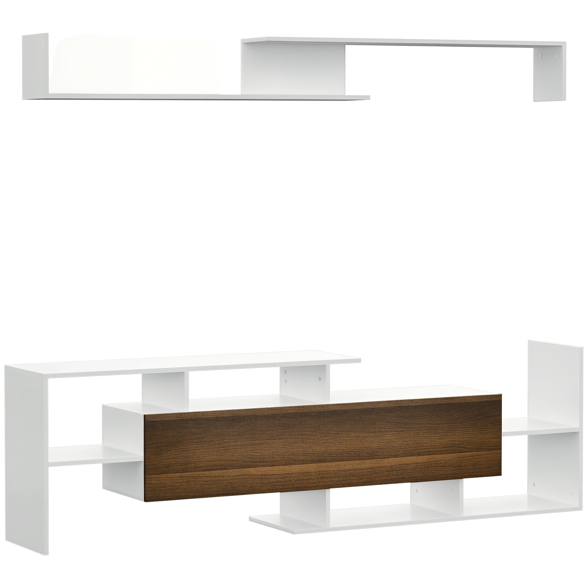 HOMCOM Set namještaja za dnevni boravak - TV stalak za zidne TV uređaje do 165 cm ili samostojeće TV uređaje do 102 cm s TV stolom 153.6x25x42 cm i zidnom policom 150x14.5x16.3 cm Bijela i smeđa