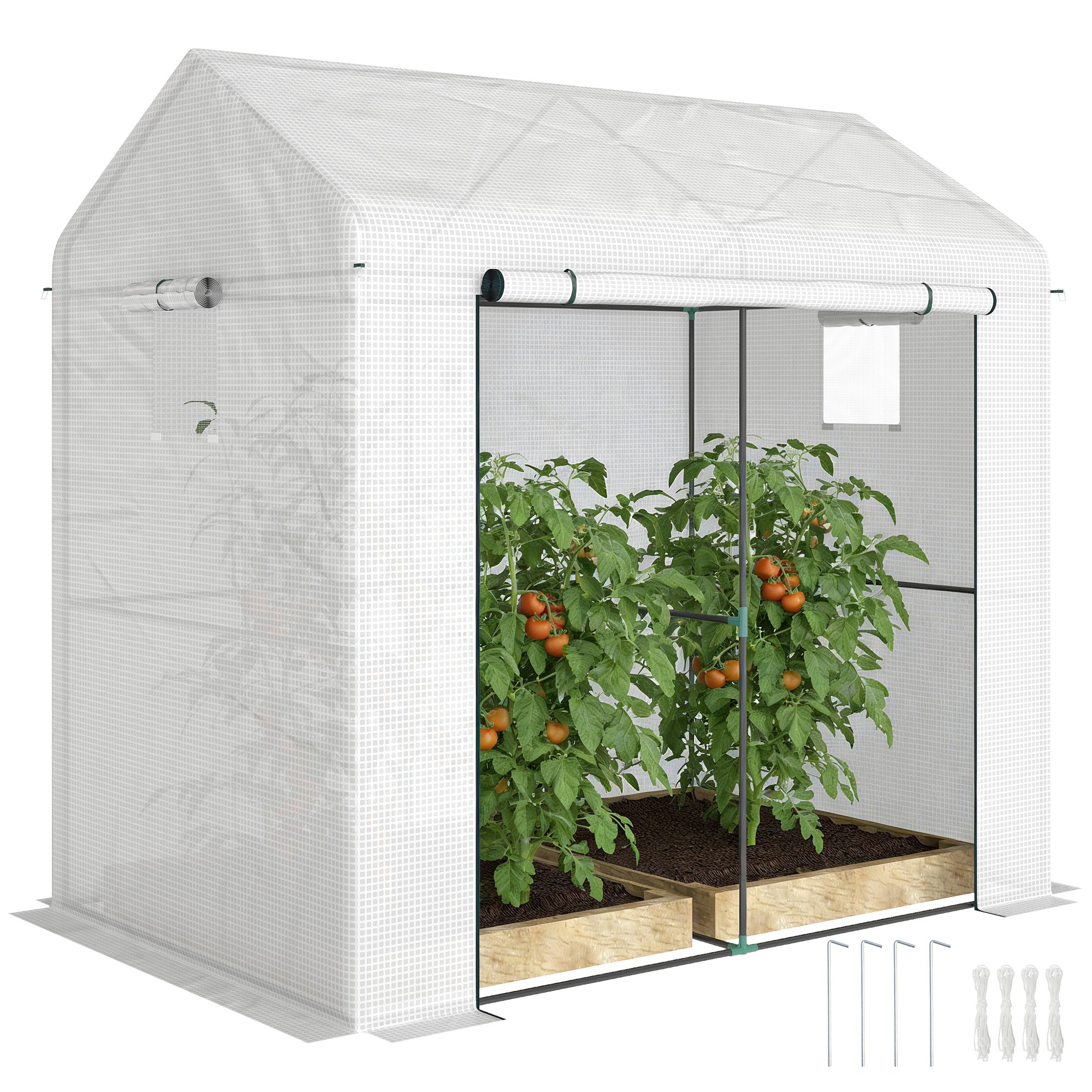 PE Garden Greenhouse, Balcony Greenhouse, Reinforced 135 g/m² Cover, Steel Frame, Roll-Up Zip Door, for Vegetables, Plants & Flowers, Indoor/Outdoor, 200 x 140 x 200 cm, White