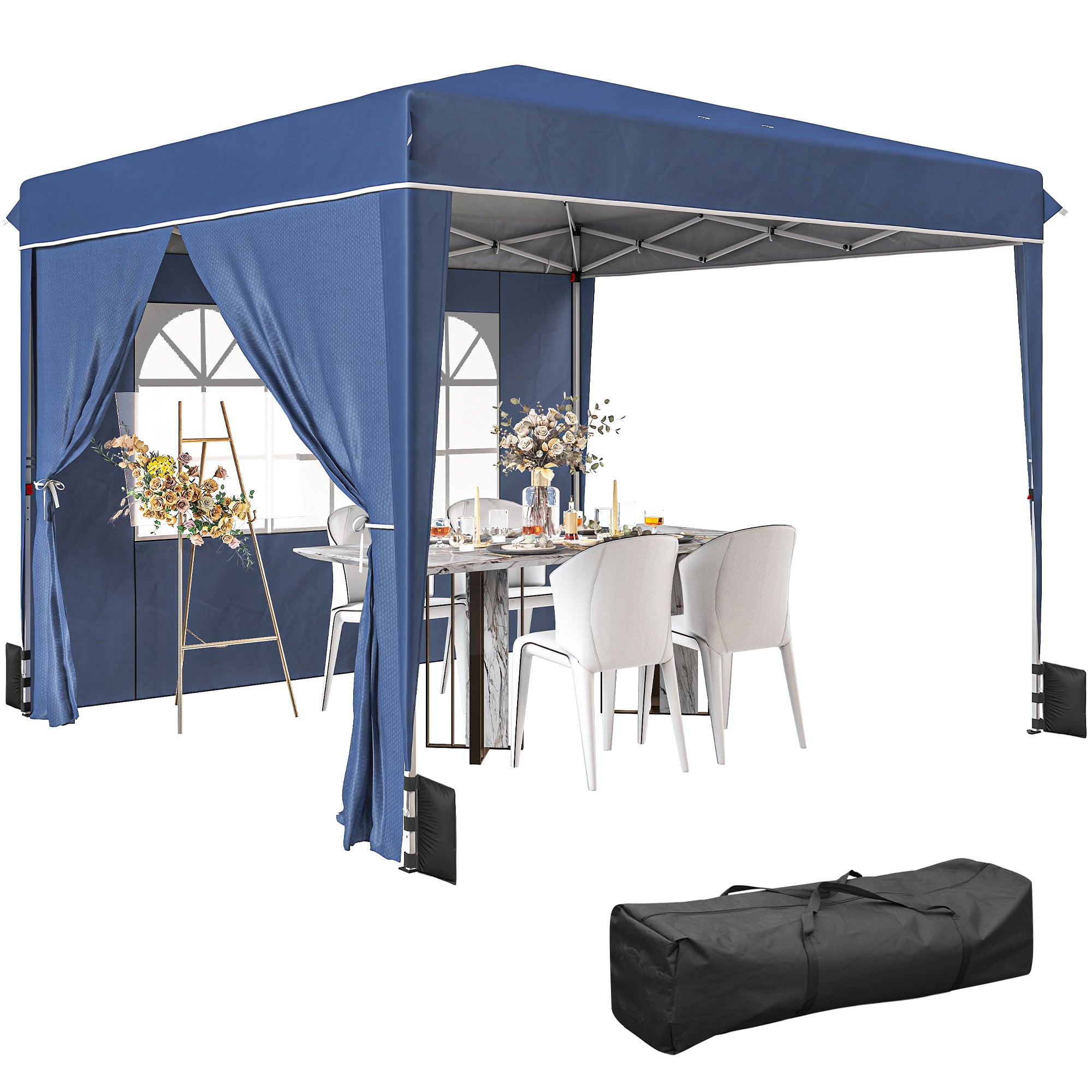 Outsunny Pop-up Pavillon 3 x 3 m, wasserdicht, verstellbare Höhe, 2 abnehmbare Seitenwände, UV-Schutz UPF50+, klappbares Partyzelt mit Tragetasche & Sandsäcken – Dunkelblau
