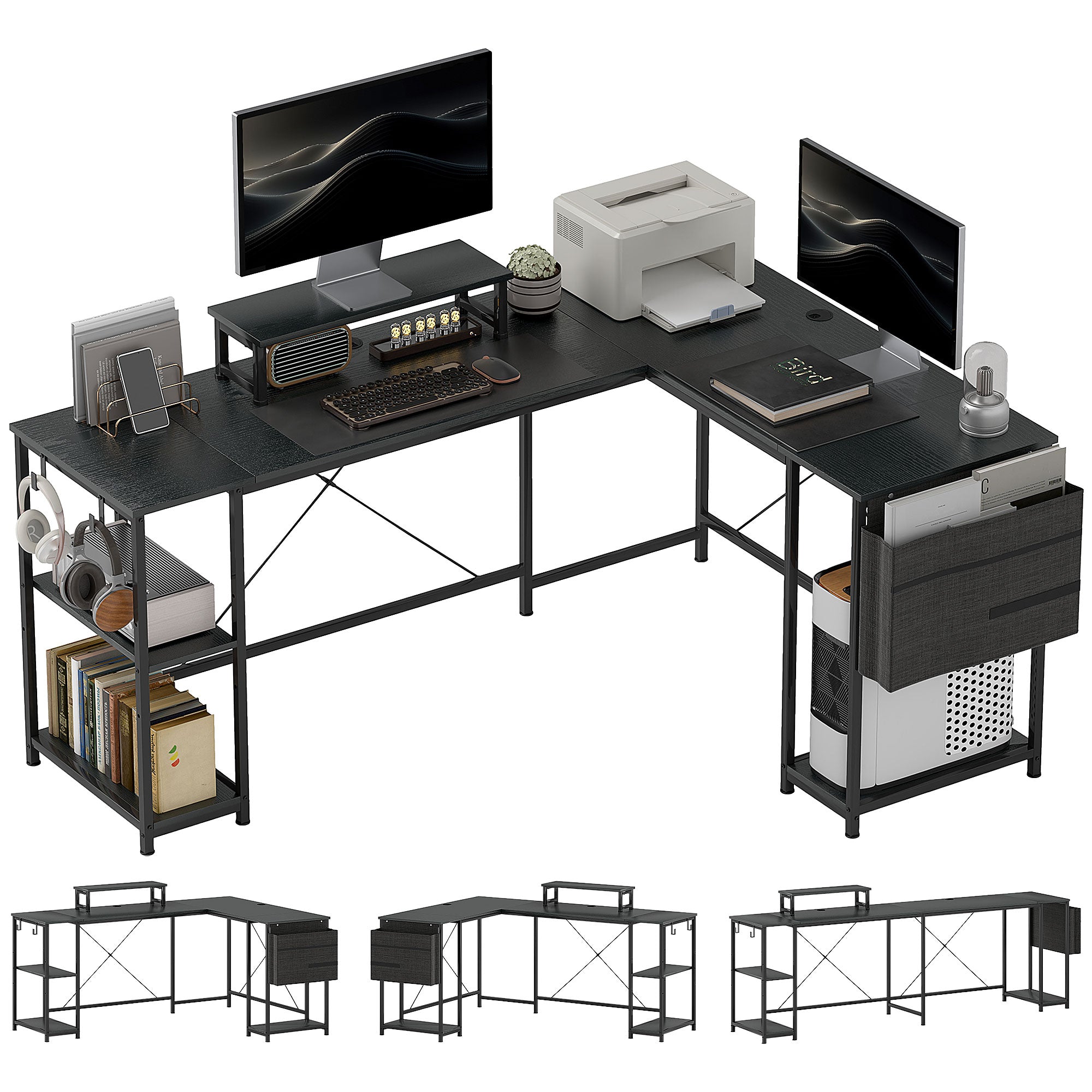 Reversible Modular Corner Desk with Storage, 66–94 in Industrial Black — Adjustable Shelves, Storage Pocket & Monitor Stand, Seats 2