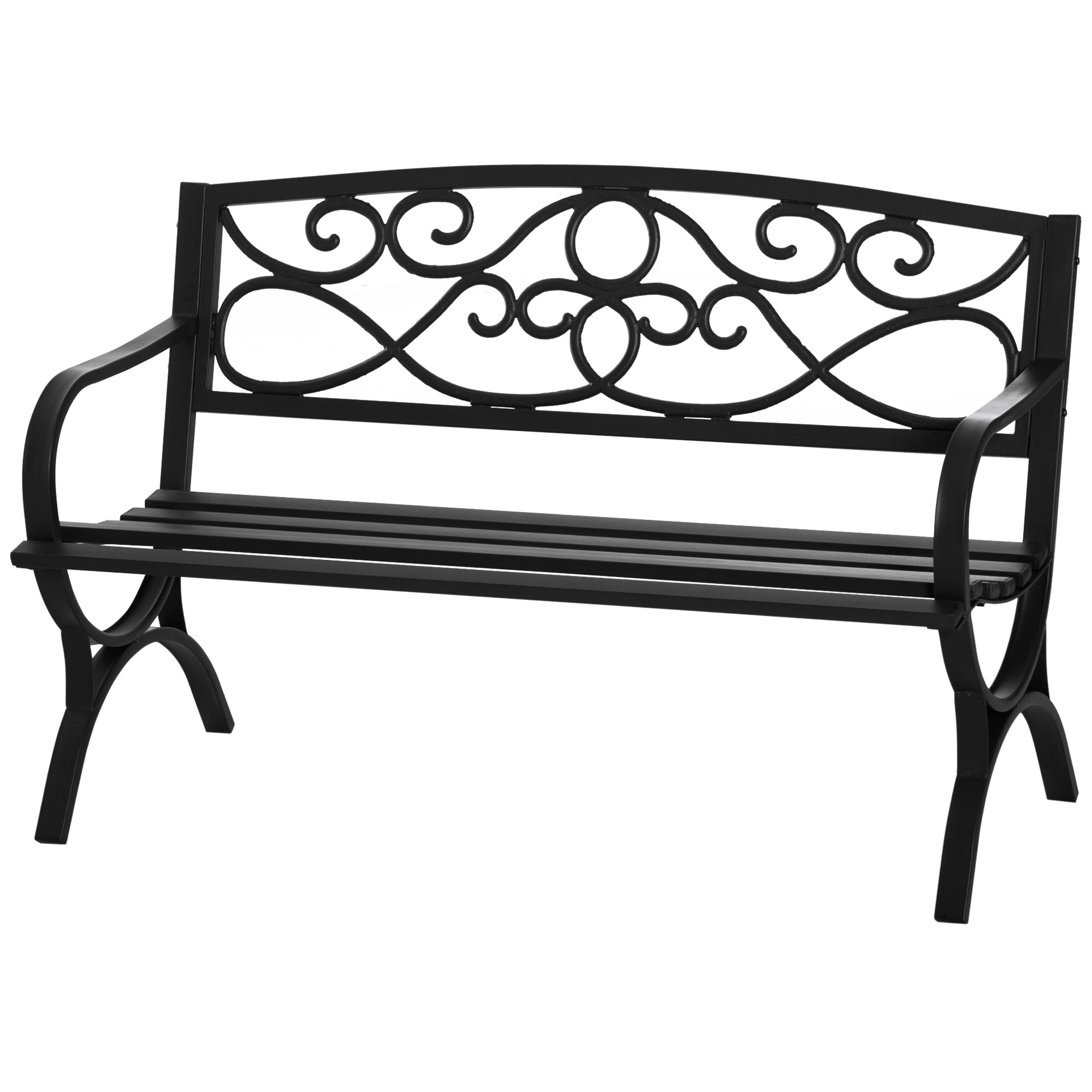 2-Seater Garden Bench, Vintage Outdoor Metal Bench with Backrest, Armrests, Decorative Cast Iron Scroll Design, Slatted Seat, 240 kg Capacity, Black, 128 x 58.5 x 85 cm