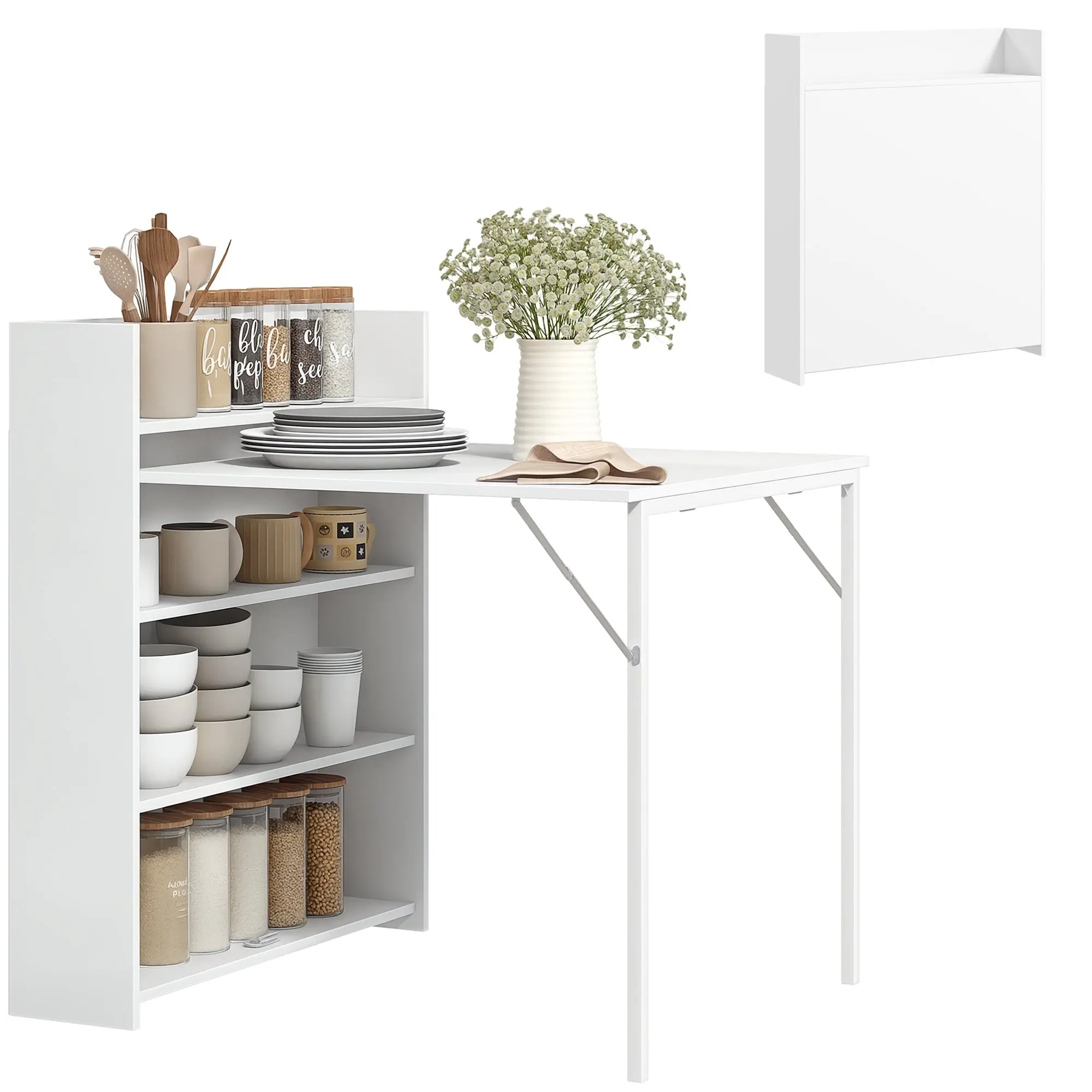 Folding Dining Table Kitchen Table for 3 Persons with 4-Tier Shelves, Modern Folding Dining Table for Small Spaces, Kitchen, 80 x 90 x 93 cm, White