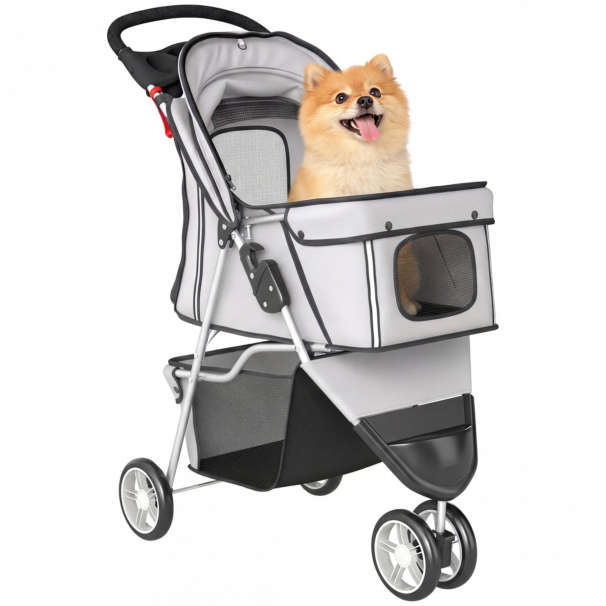 PawHut faltbarer Haustier-Kinderwagen, bis 10 kg, 3‑Rad Kinderwagen für kleine Hunde & Katzen mit verstellbarem Verdeck, Mesh-Fenstern, Getränkehalter, EVA-Rädern und Bremsen — Hellgrau