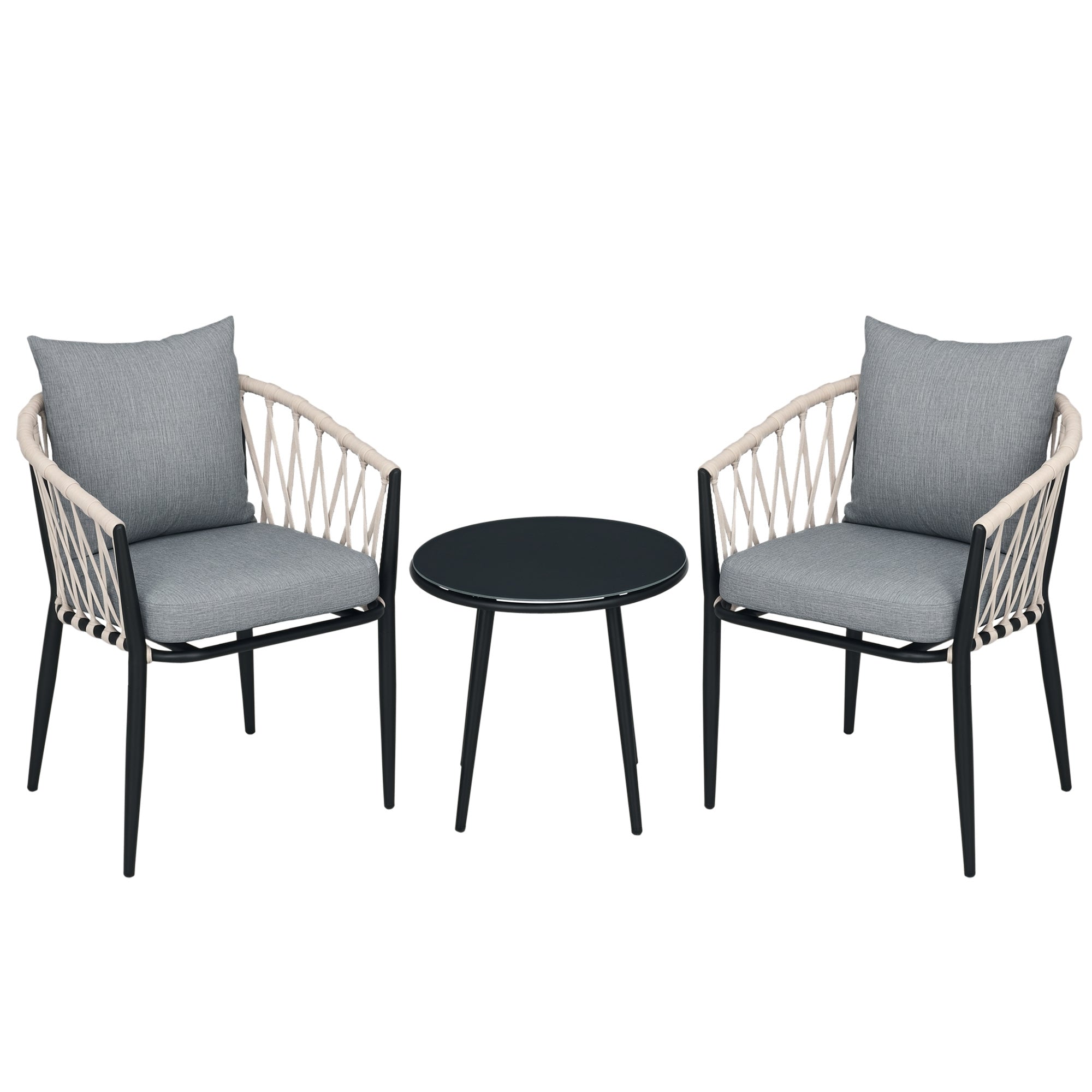 3 Piece Bistro Set, Garden Furniture Set with 2 Rope Chairs, Cushions and Tempered Glass Table for Balcony, Patio, Terrace, Grey