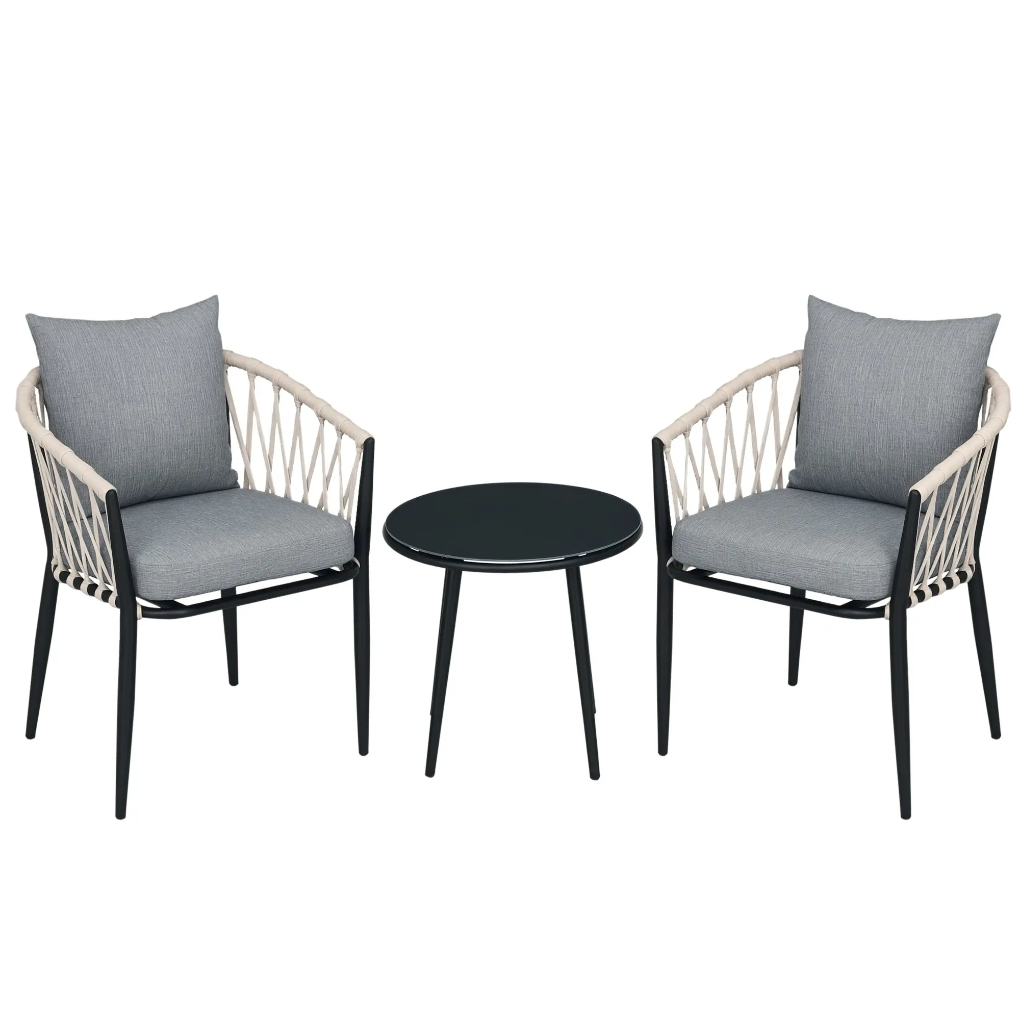 3 Piece Bistro Set, Garden Furniture Set with 2 Rope Chairs, Cushions and Tempered Glass Table for Balcony, Patio, Terrace, Grey