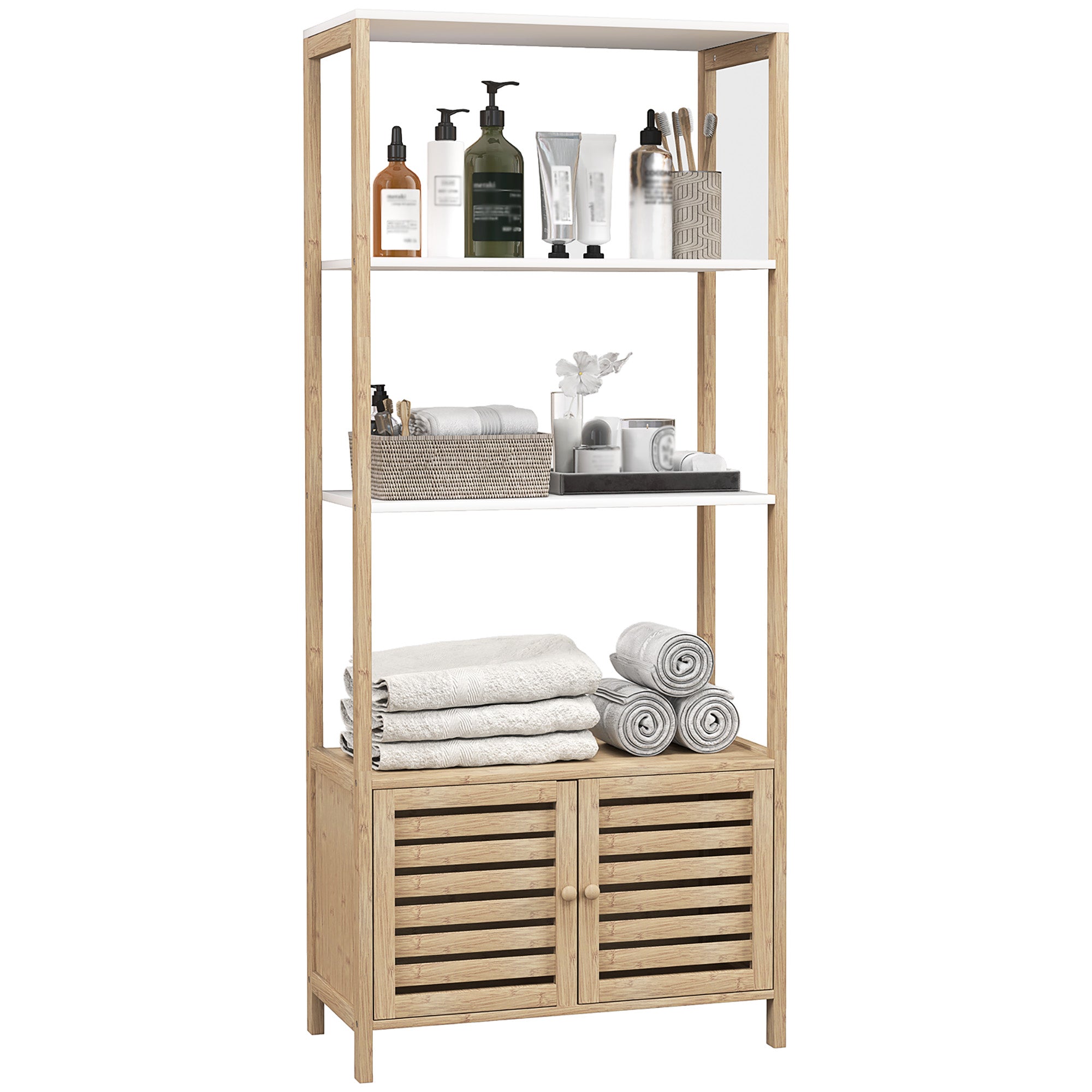 HOMCOM Bambuko vonios lentynų rinkinys su 3 atviromis lentynomis ir saugojimo spinta su grotelėmis 63x30x138 cm Natūralaus medžio ir baltos spalvos