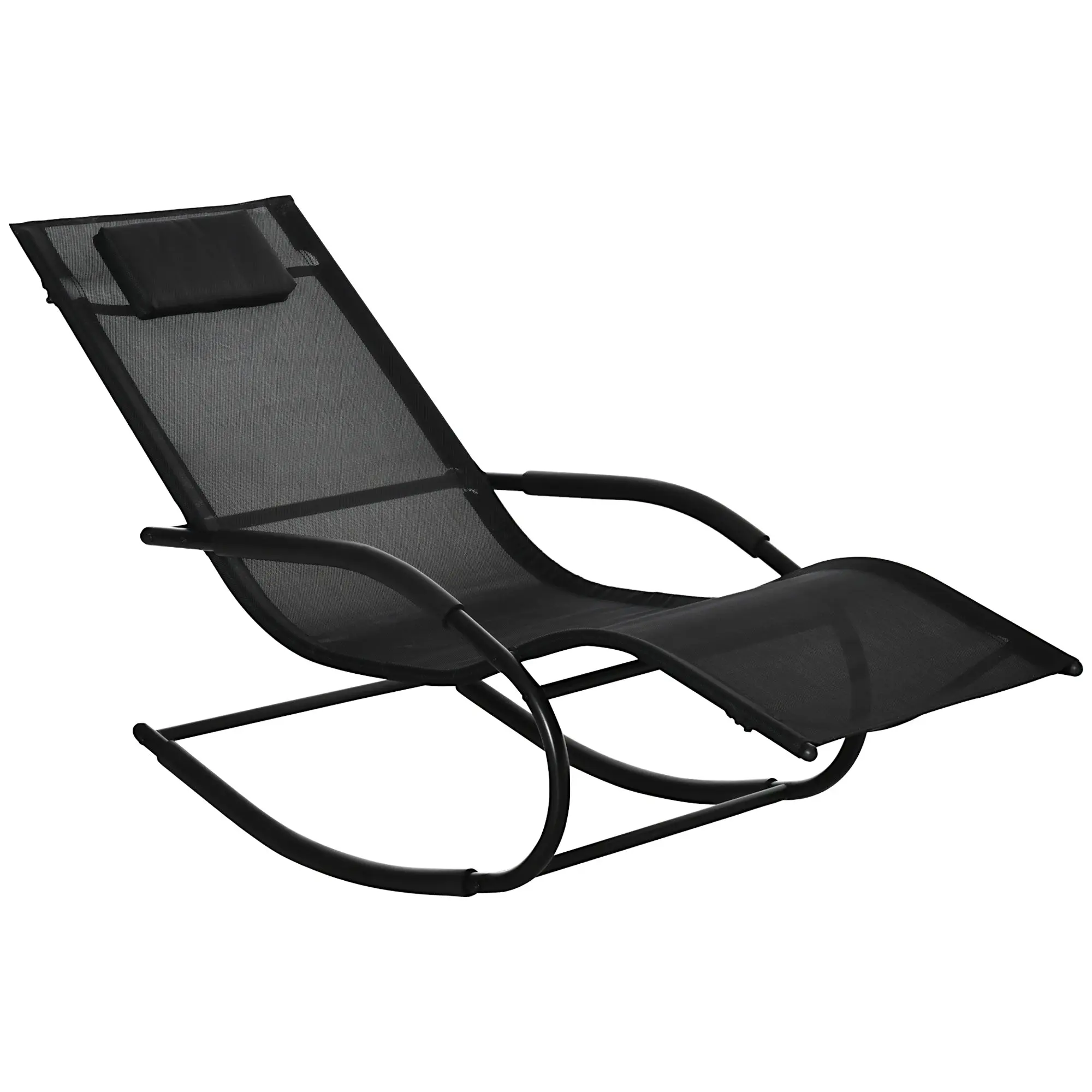 Ergonomic Rocking Chair Rocking Chair with Headrest Galvanized Metal Armrests Textilene dim. 63W x 160D x 88H cm Black