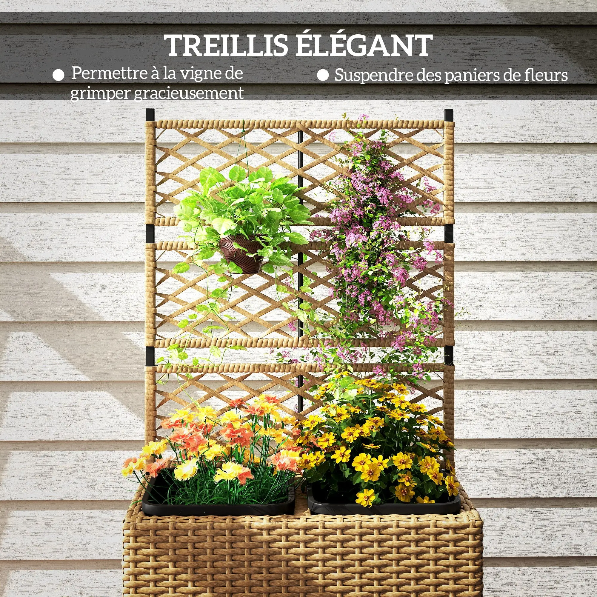 Planter for plants with trellis 2 pots plant box raised planter 22L garden balcony patio terrace outdoor in woven resin and steel 57 x 30 x 107 cm sand