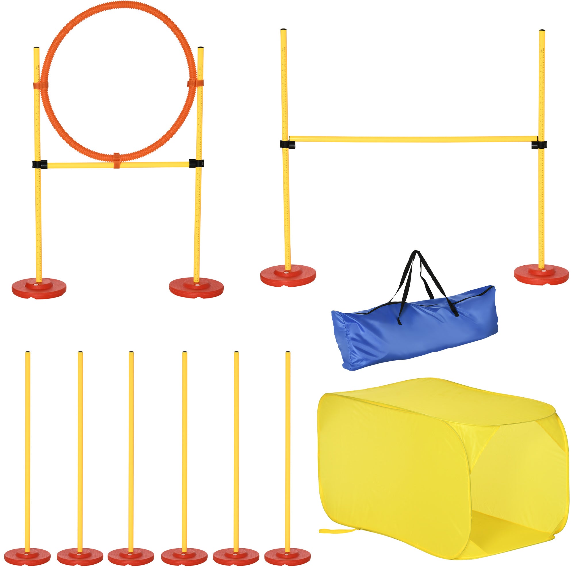 PawHut Agility Hürden Set für Hunde, Training Set, Hindernis Parcours, Kunststoff, Polyester, Gelb, 128 x 23 x 9-100 cm