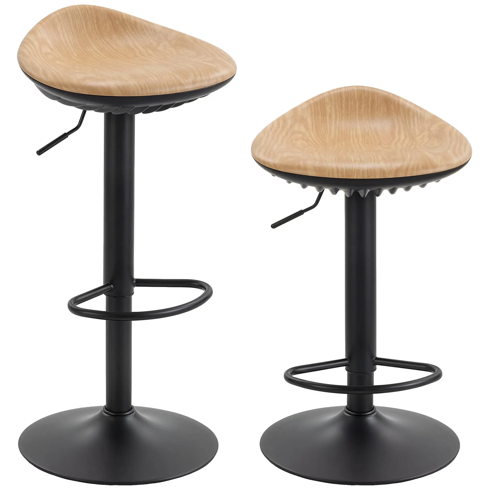 Set of 2 Bar Stools — Height-Adjustable, 360° Swivel, Oak-Effect PU Saddle Seat with Footrest, Steel Base (15.7 x 15.7 x 23.2–31.5 in)